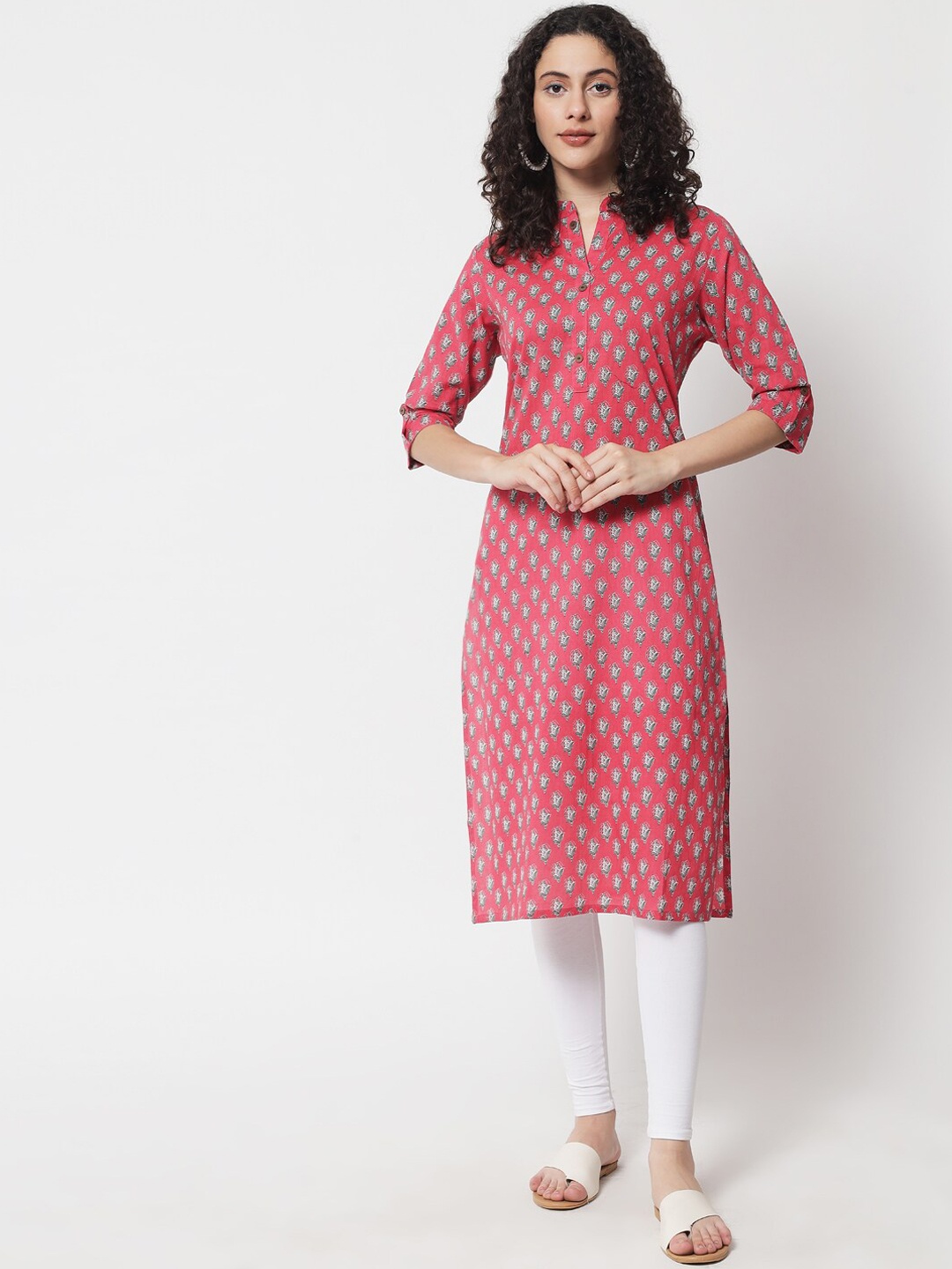 Spera Women Pink Ethnic Motifs Printed Thread Work Floral Kurta