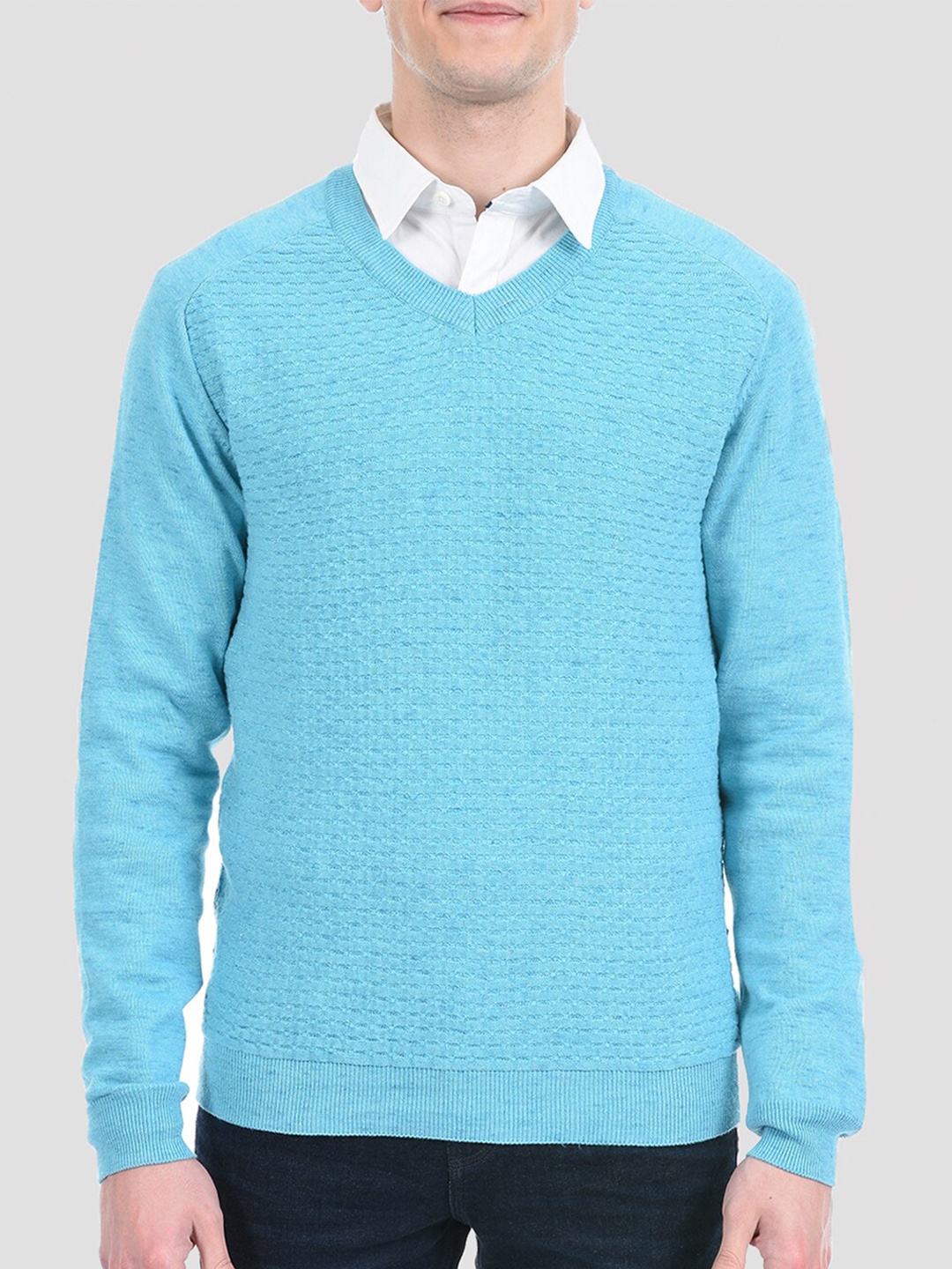 PORTOBELLO Men Blue Self Design Pullover