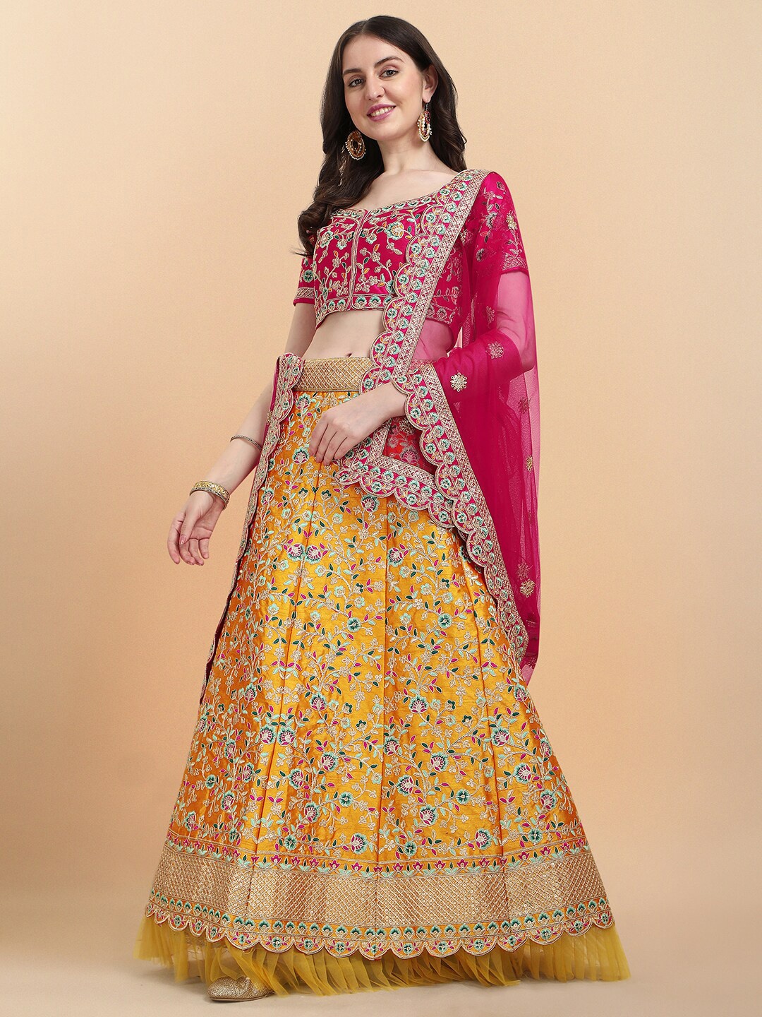 Amrutam Fab Yellow & Pink Embroidered Thread Work Semi-Stitched Lehenga & Unstitched Blouse With Dupatta
Amrutam Fab Yellow & Pink Embroidered Thread Work Semi-Stitched Lehenga & Unstitched Blouse With Dupatta