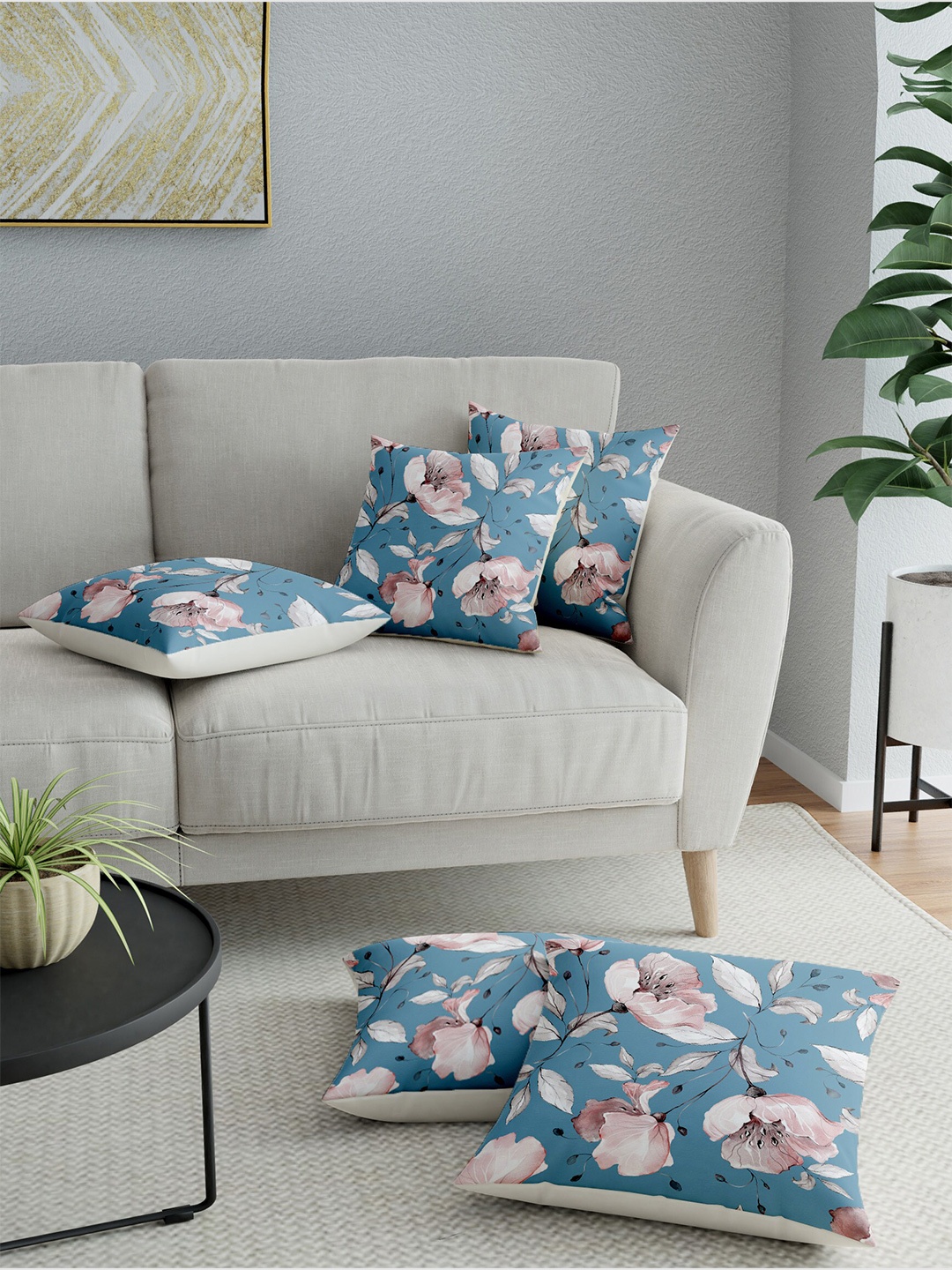 LA VERNE Blue & Off White Set of 5 Floral Cotton Canvas Square Cushion Covers