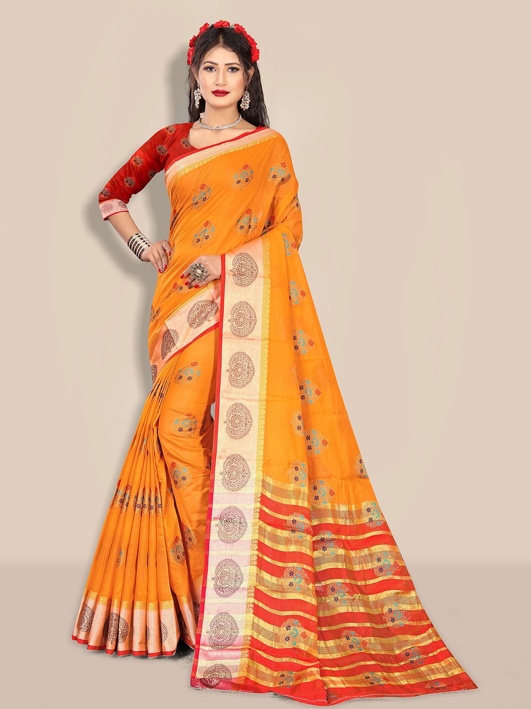 Rivana Mustard & Red Woven Design Pure Cotton Handloom Saree