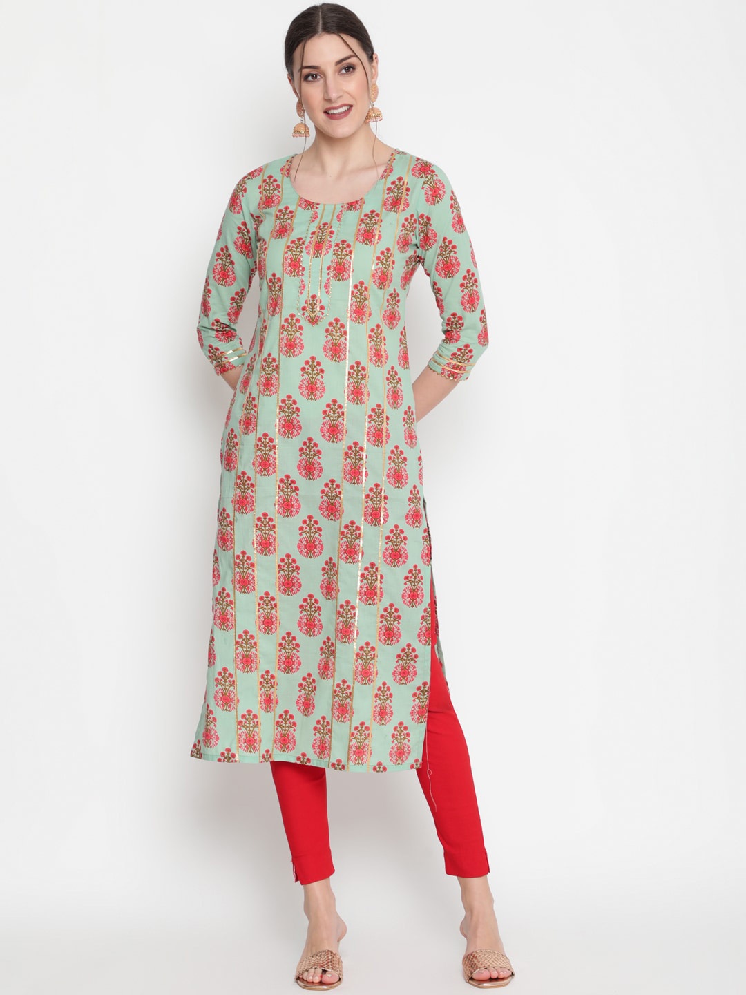 GLAM ROOTS Women Green Floral Printed Gotta Patti Floral Kurta