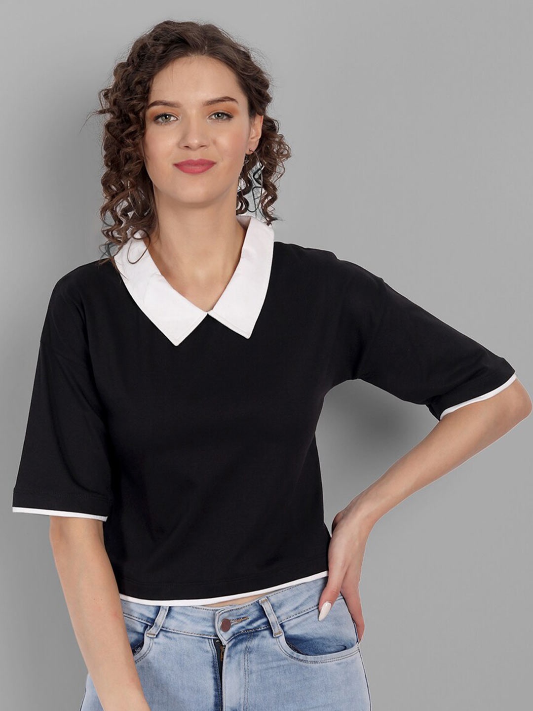 House of Mool Women Black Peter Pan Collar Loose T-shirt