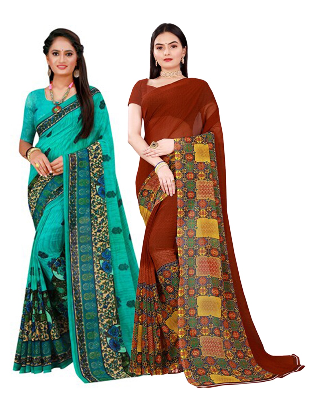 Florence Brown & Green Pack Of 2 Pure Georgette Saree