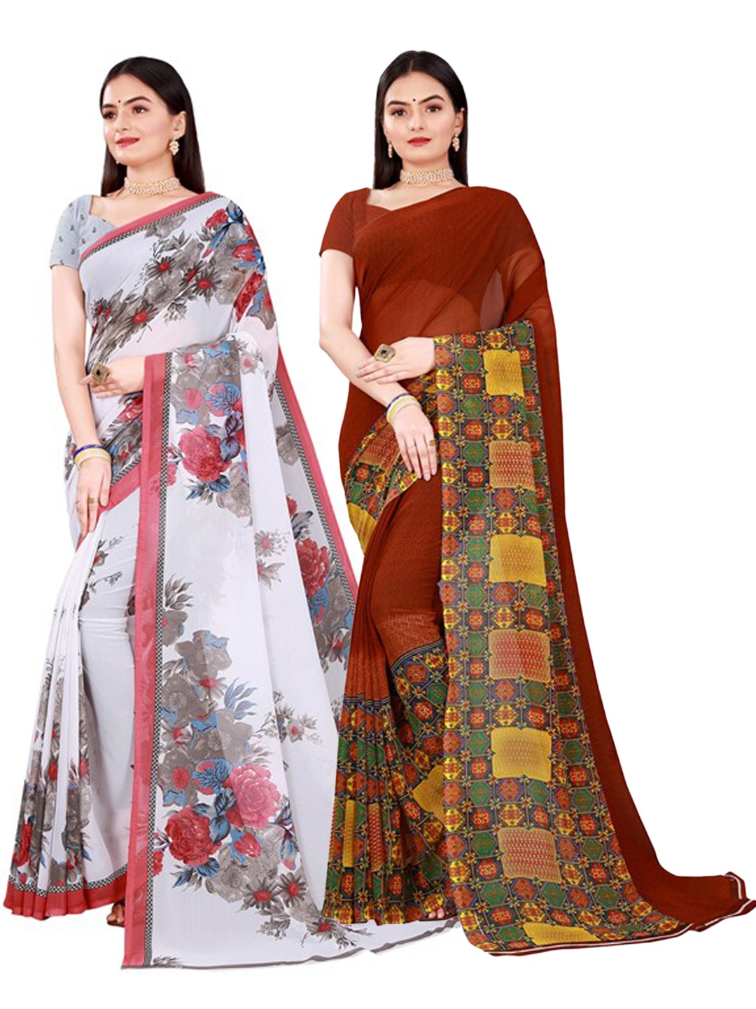 KALINI Women Pack of 2 Brown & White Floral and Geometric Printed Pure Georgette Saree
KALINI Women Pack of 2 Brown & White Floral and Geometric Printed Pure Georgette Saree