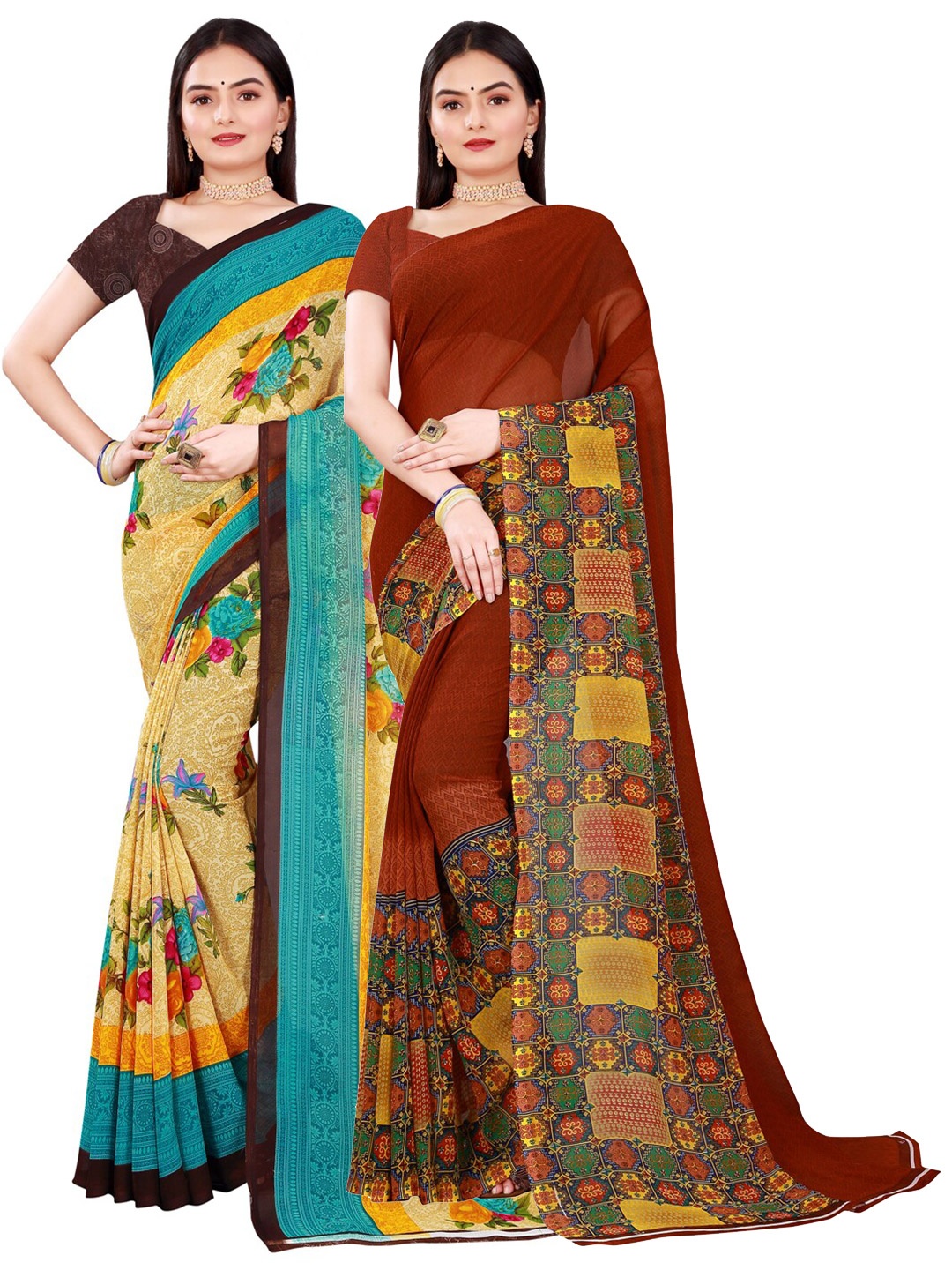 KALINI Women Pack of 2 Beige & Brown Floral and Geometric Printed Pure Georgette Saree
KALINI Women Pack of 2 Beige & Brown Floral and Geometric Printed Pure Georgette Saree
