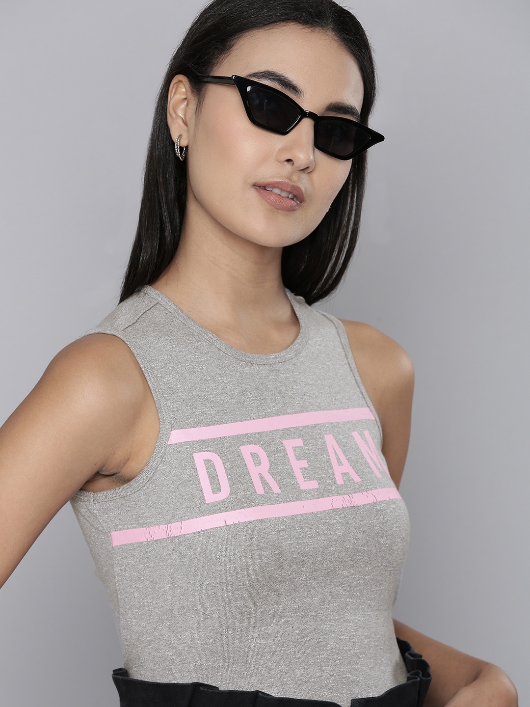 Flying Machine Women Grey Melange Typography Printed T-shirt