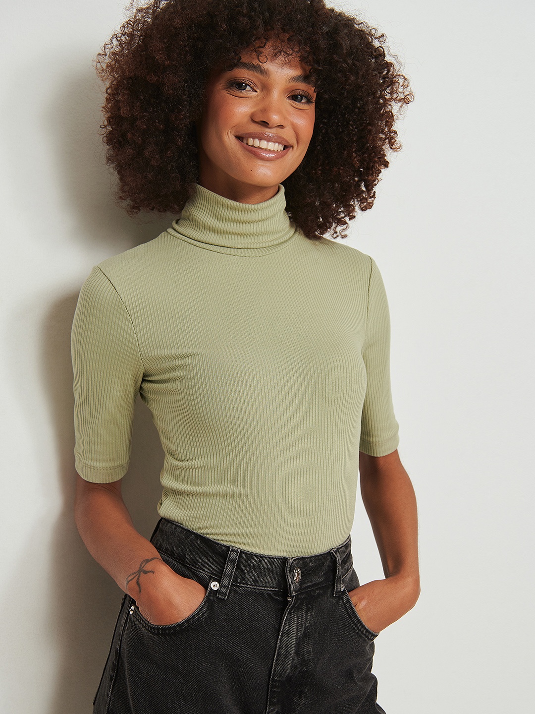NA-KD Green Solid High Neck Top
