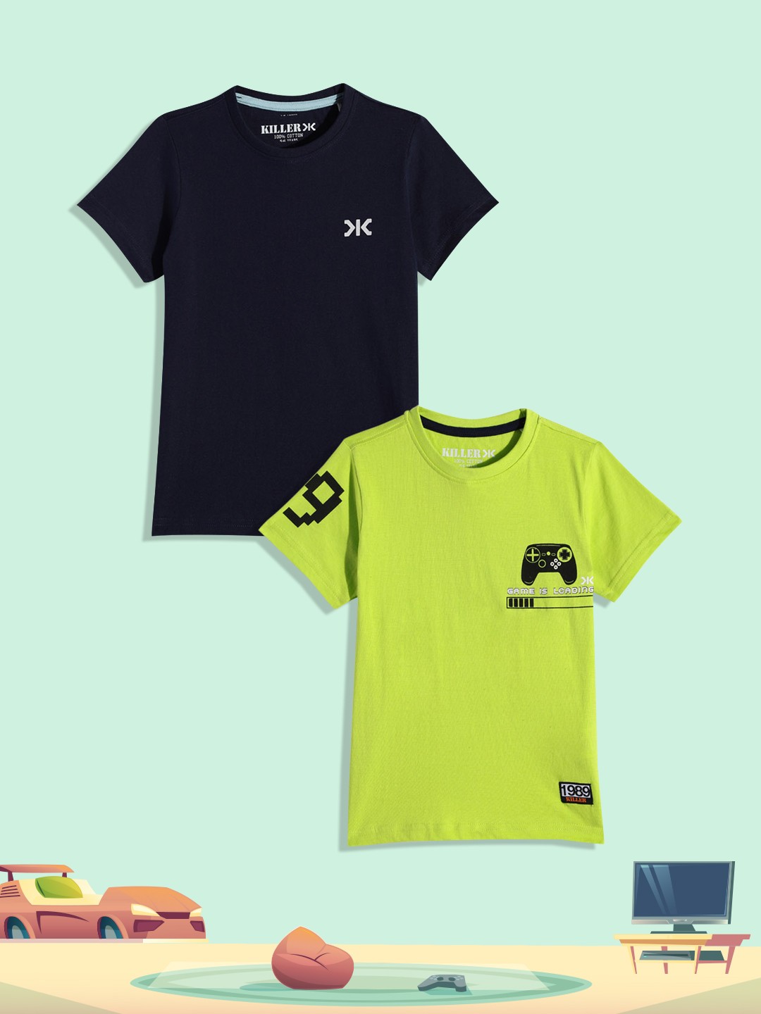 Killer Boys Lime Green & Navy Blue Set Of 2 Graphic Placement Print Pure Cotton T-shirts
Killer Boys Lime Green & Navy Blue Set Of 2 Graphic Placement Print Pure Cotton T-shirts