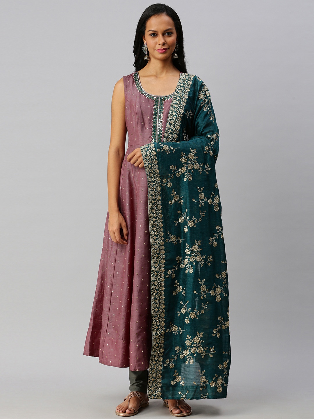 Soch Women Charcoal Floral Embroidered Panelled Mirror Work Kurti with Churidar & With Dupatta