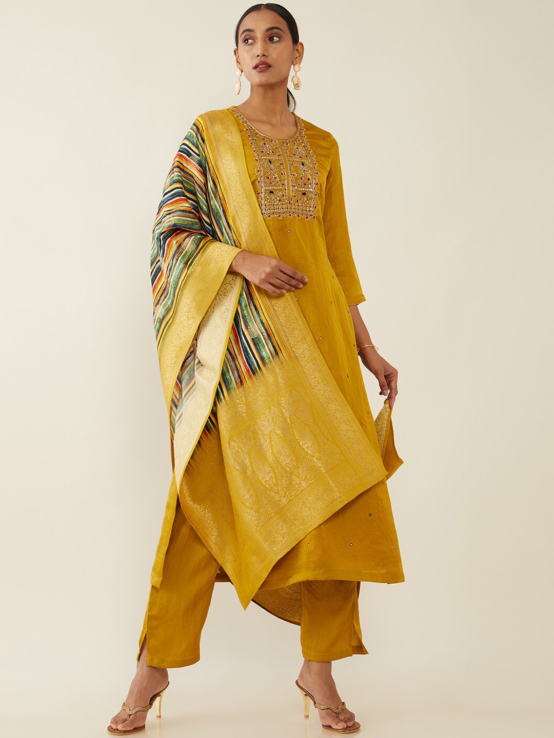 Soch Women Mustard Yellow Ethnic Motifs Embroidered Mirror Work Kurta with Trousers & With Dupatta
Soch Women Mustard Yellow Ethnic Motifs Embroidered Mirror Work Kurta with Trousers & With Dupatta