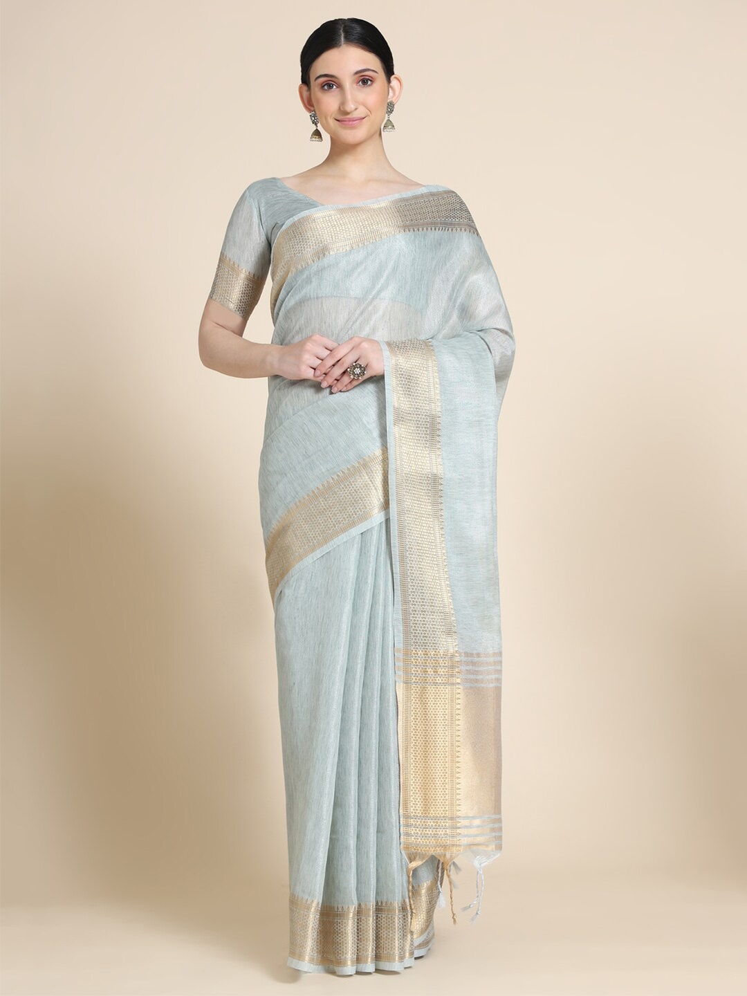 VISHNU WEAVES Women Solid Maheshwari Zari Linen Saree with Woven Design Border, Sea green
VISHNU WEAVES Women Solid Maheshwari Zari Linen Saree with Woven Design Border, Sea green