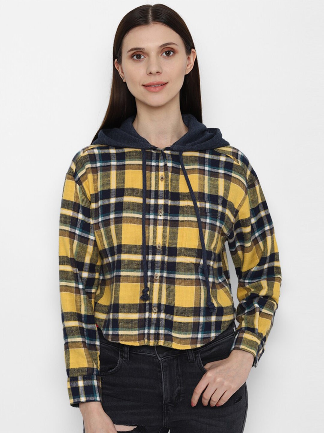 AMERICAN EAGLE OUTFITTERS Women Yellow Tartan Checks Pure Cotton Hooded Casual Shirt
AMERICAN EAGLE OUTFITTERS Women Yellow Tartan Checks Pure Cotton Hooded Casual Shirt
