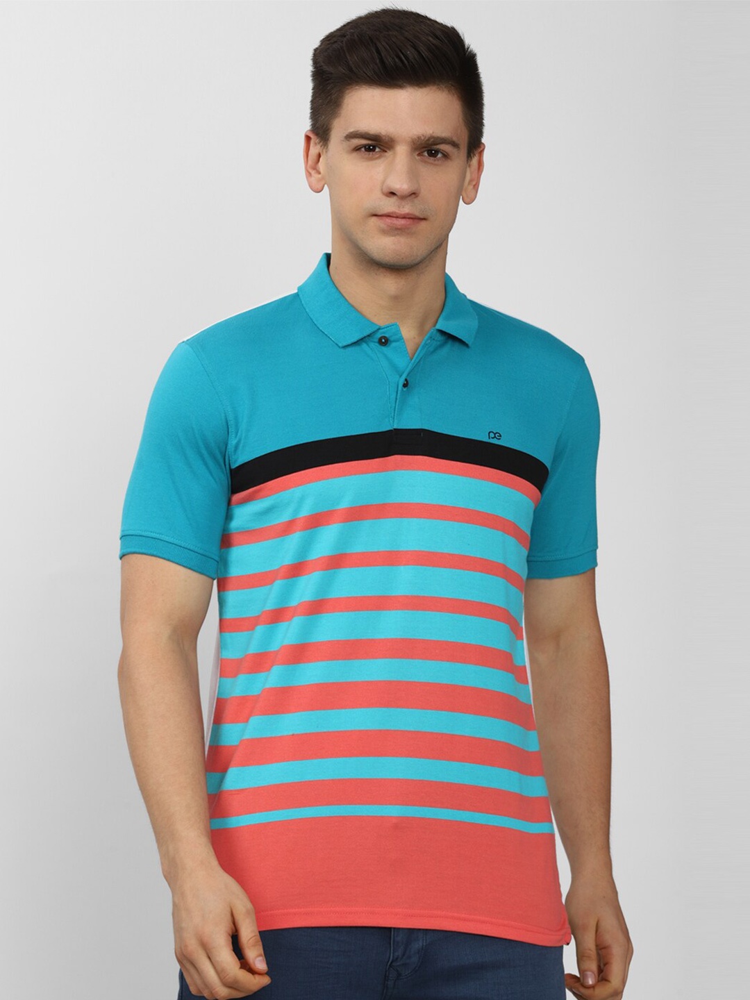 Peter England Casuals Men Blue & Peach Striped Cotton Polo Collar Slim Fit T-shirt