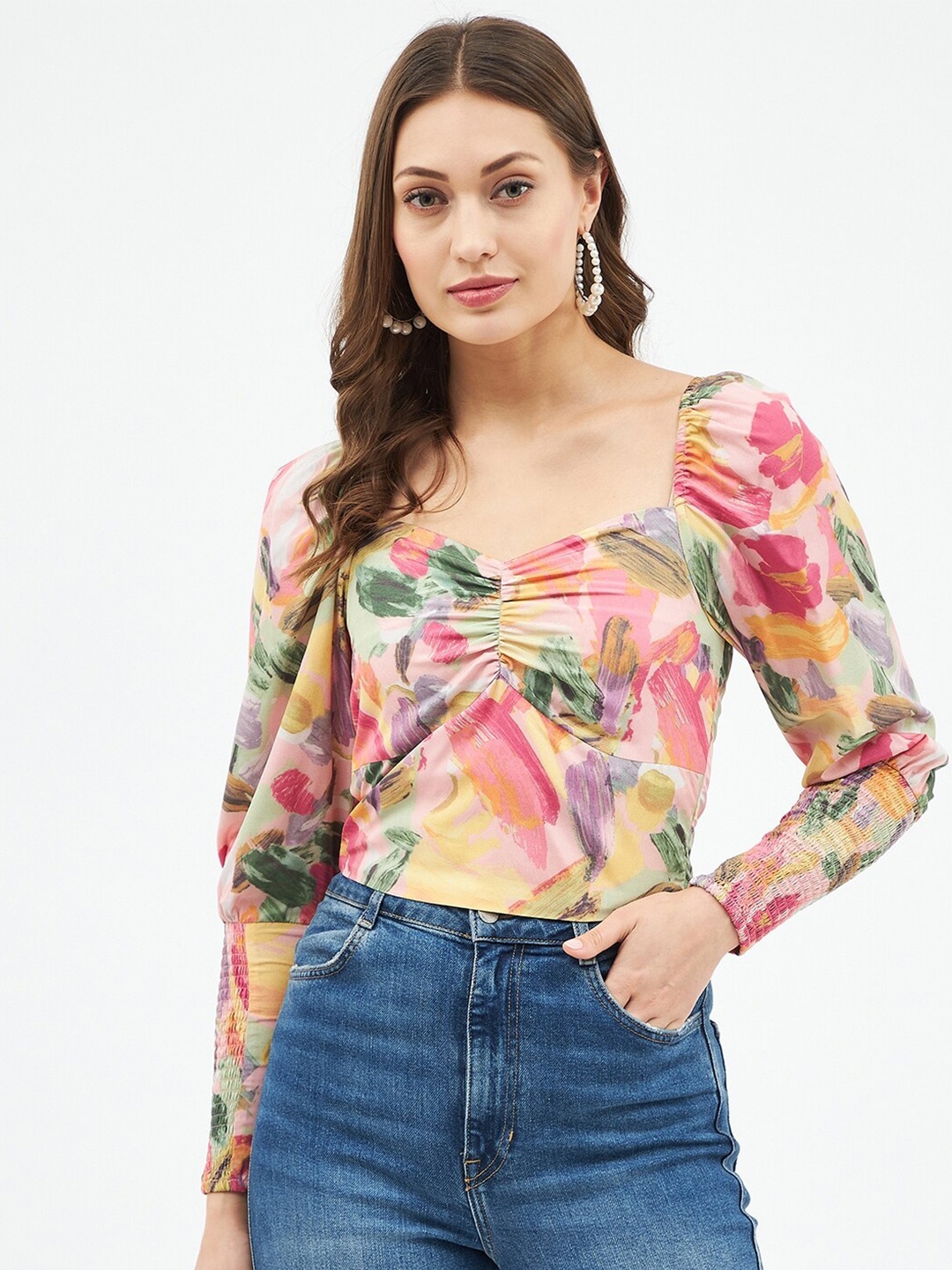 Harpa Women Beige & Peach-Coloured Floral Print Sweetheart Neck Smocked Crepe Crop Top
Harpa Women Beige & Peach-Coloured Floral Print Sweetheart Neck Smocked Crepe Crop Top