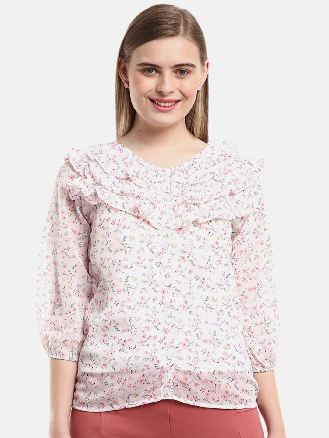 V-Mart Womens White Floral Print Ruffles Top
