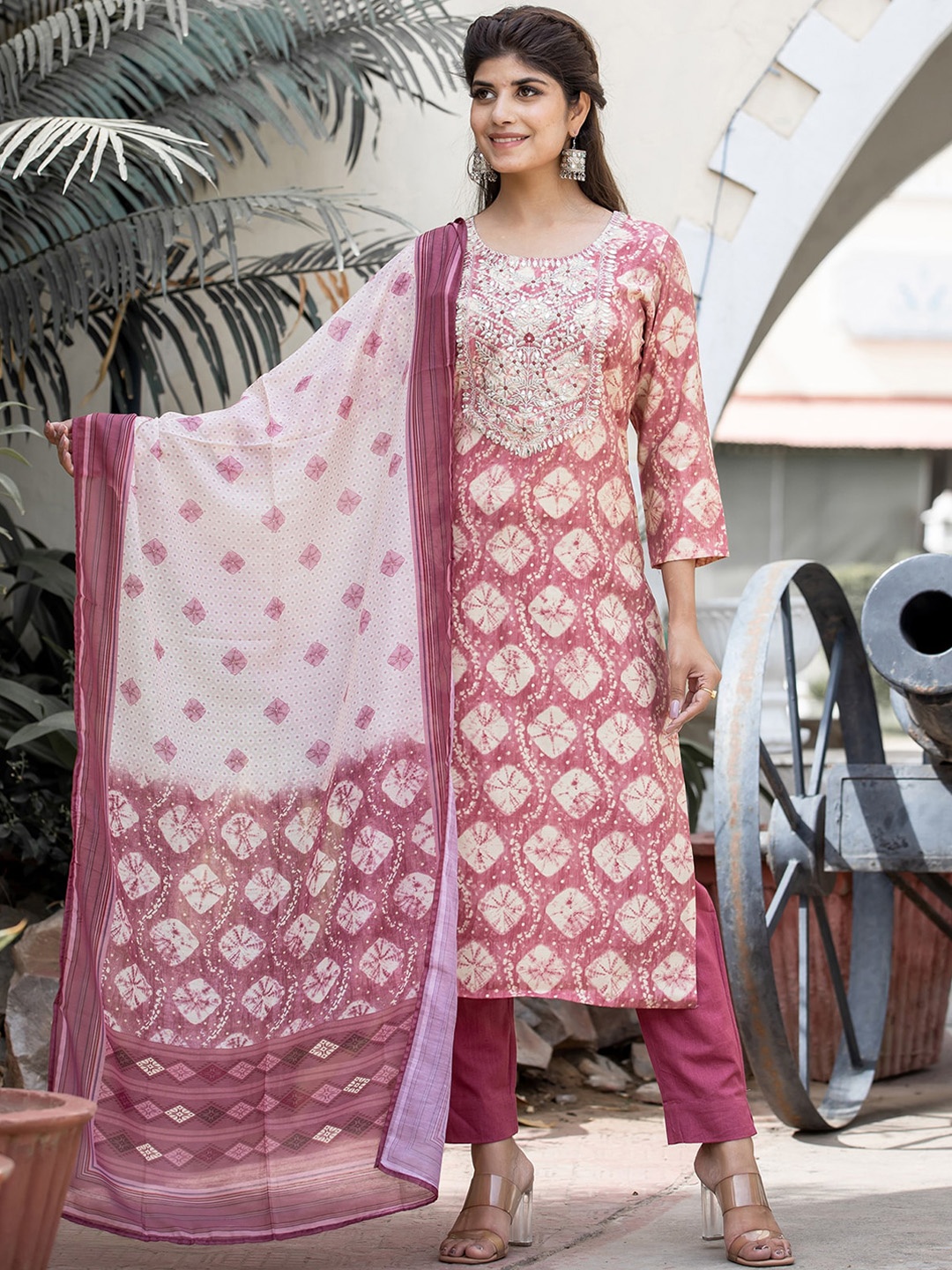 KAAJH Women Pink Ethnic Motifs Printed Pure Silk Kurta with Trousers & With Dupatta
