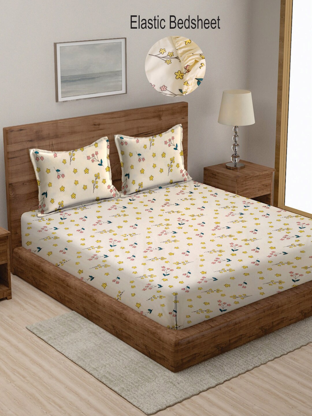 KLOTTHE Cream-Coloured & Yellow Floral 300 TC Fitted King Bedsheet with 2 Pillow Covers
KLOTTHE Cream-Coloured & Yellow Floral 300 TC Fitted King Bedsheet with 2 Pillow Covers