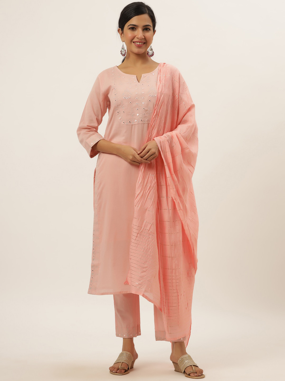 DIVYANK Women Pink Yoke Design Mirror Work Pure Cotton Kurta with Trousers & Dupatta 
DIVYANK Women Pink Yoke Design Mirror Work Pure Cotton Kurta with Trousers & Dupatta