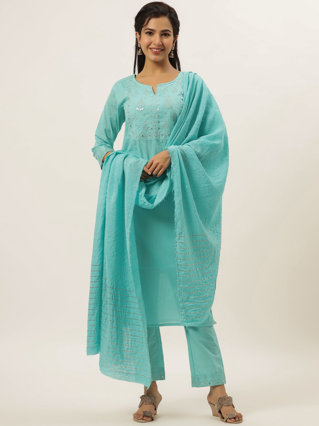 DIVYANK Women Turquoise Blue Embroidered Mirror Work Pure Cotton Kurta Set With Dupatta
DIVYANK Women Turquoise Blue Embroidered Mirror Work Pure Cotton Kurta Set With Dupatta