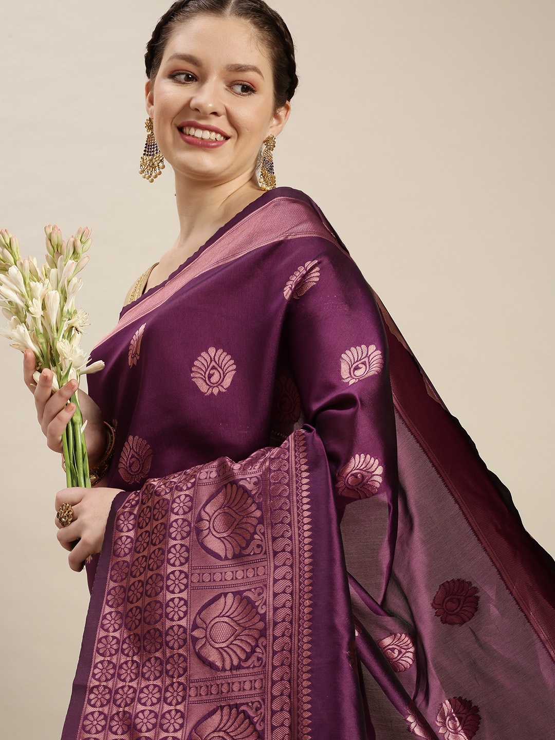 Rudra Fashion Purple Ethnic Motifs Silk Blend Banarasi Saree