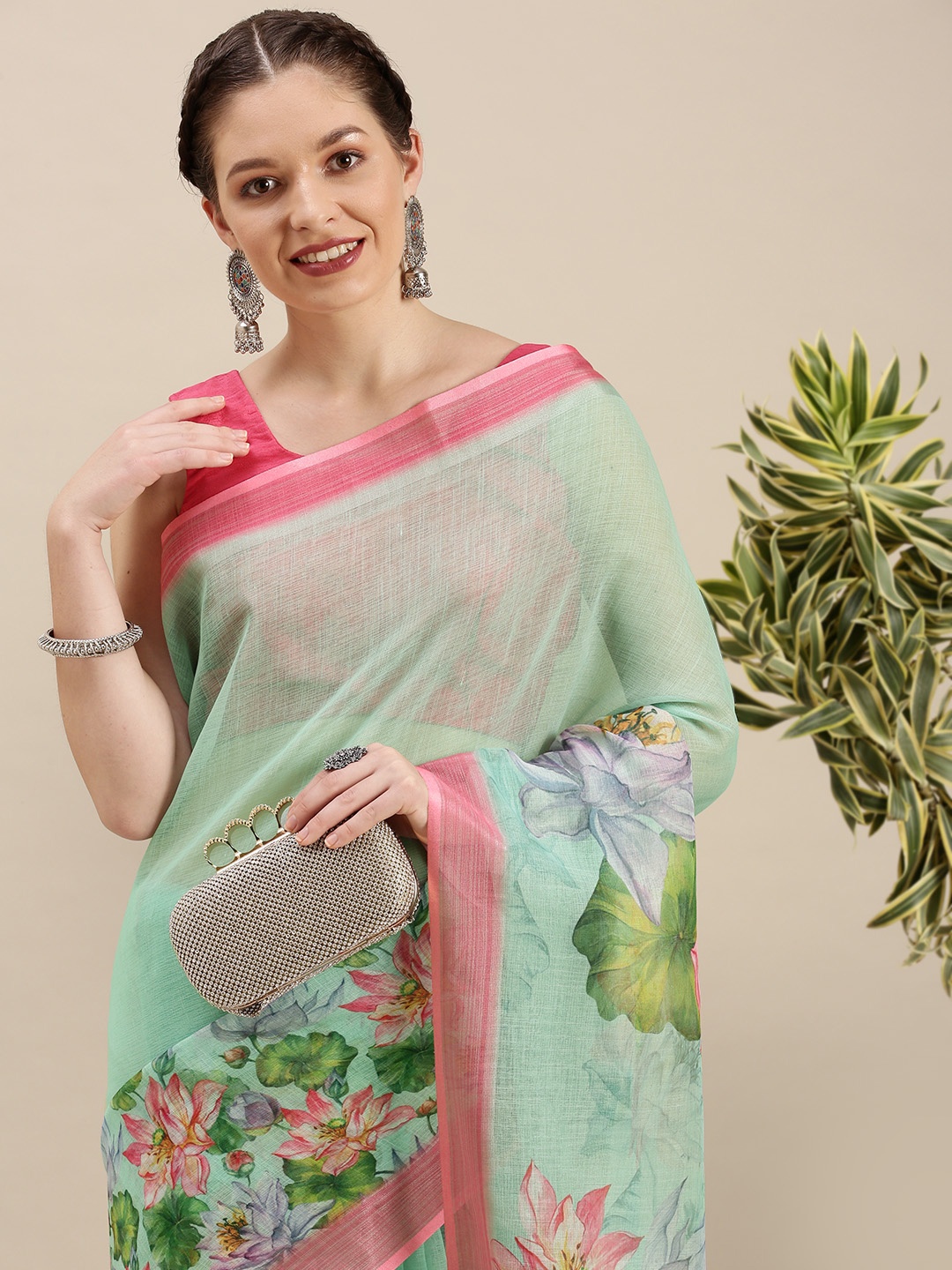Rudra Fashion Sea Green & Pink Floral Linen Blend Saree