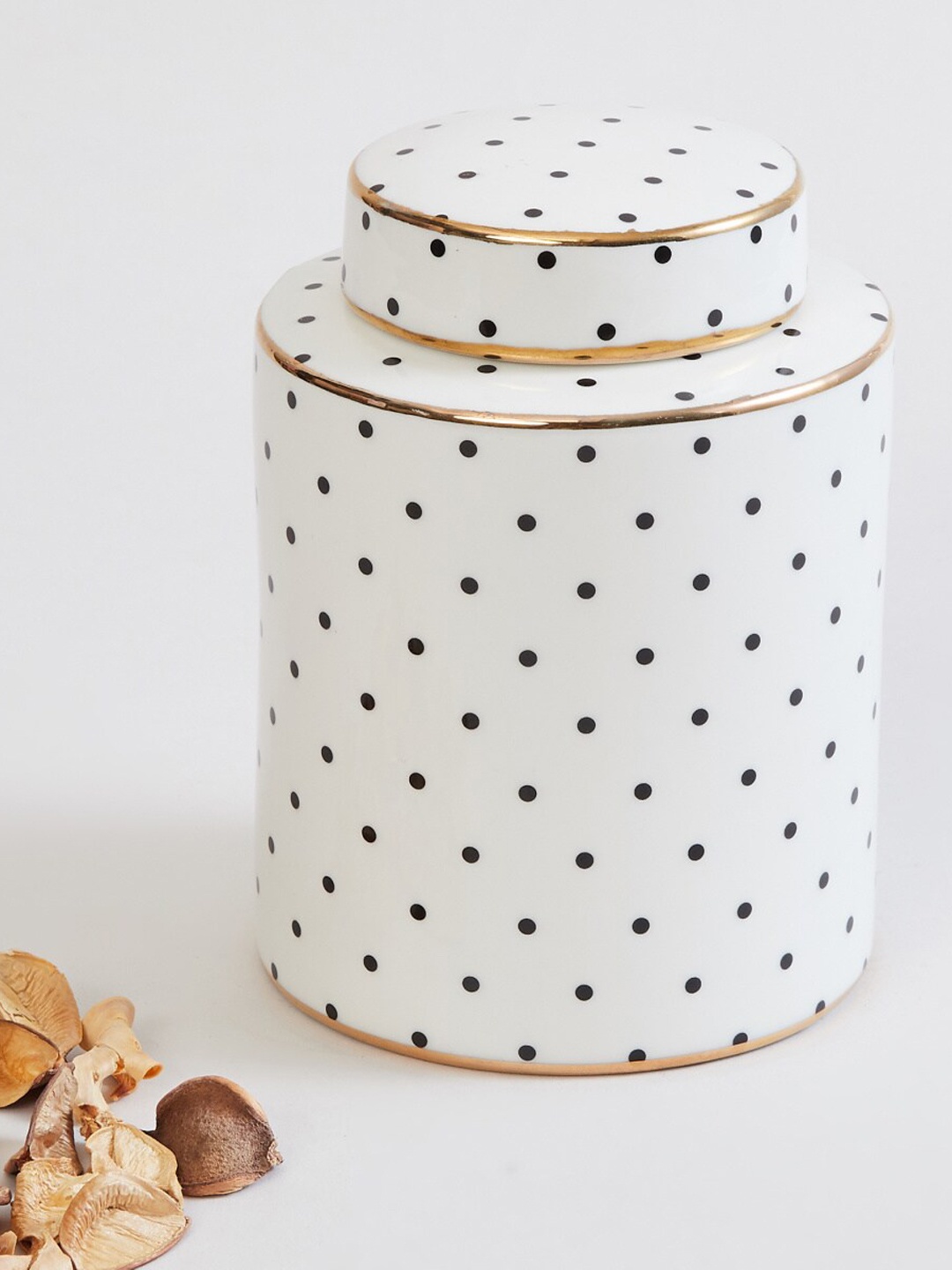 Home Centre White & Black Polka Dots Printed Ceramic Canister With Lid