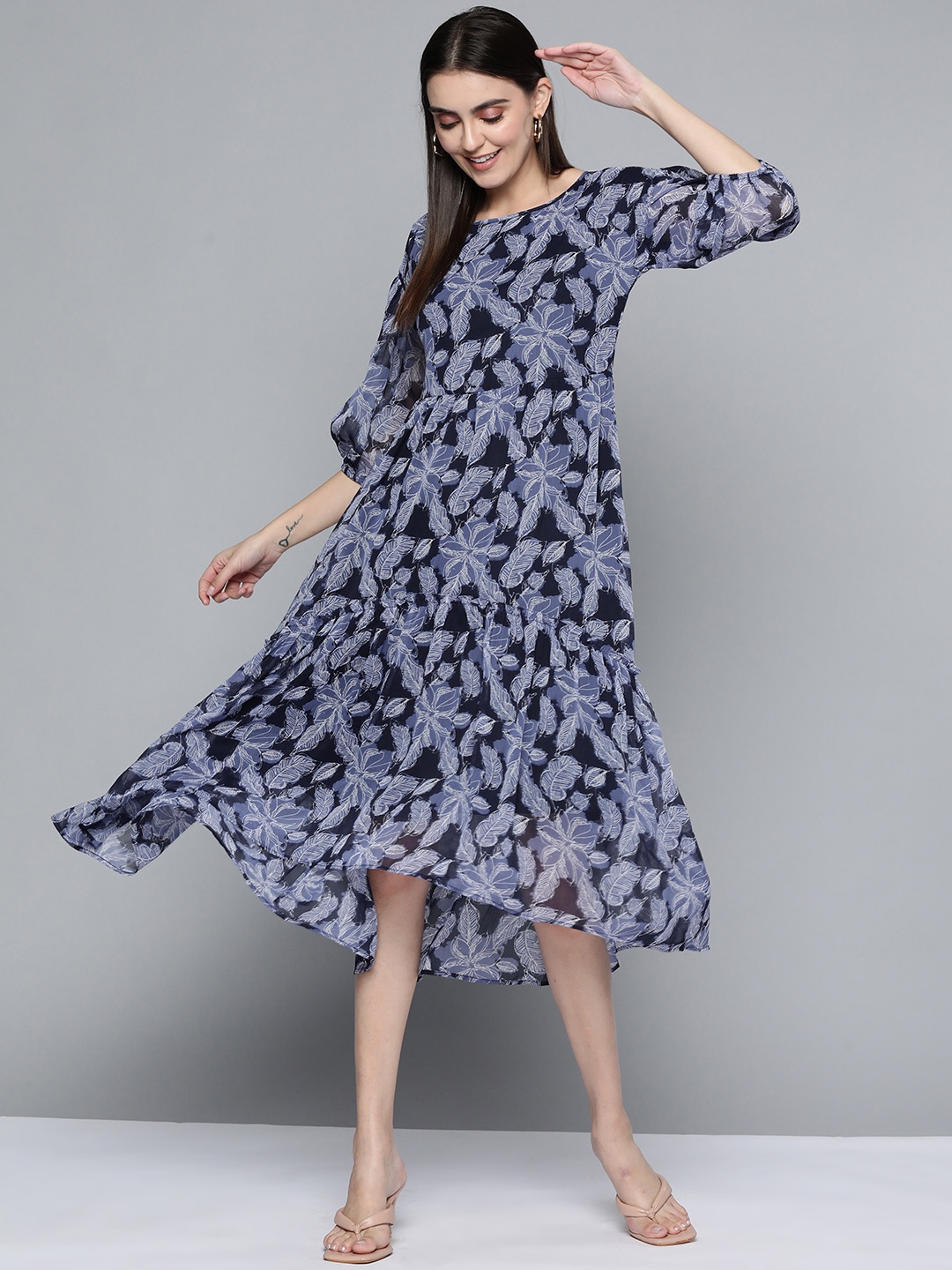 Femella Blue & White Floral Printed A-Line Midi Dress