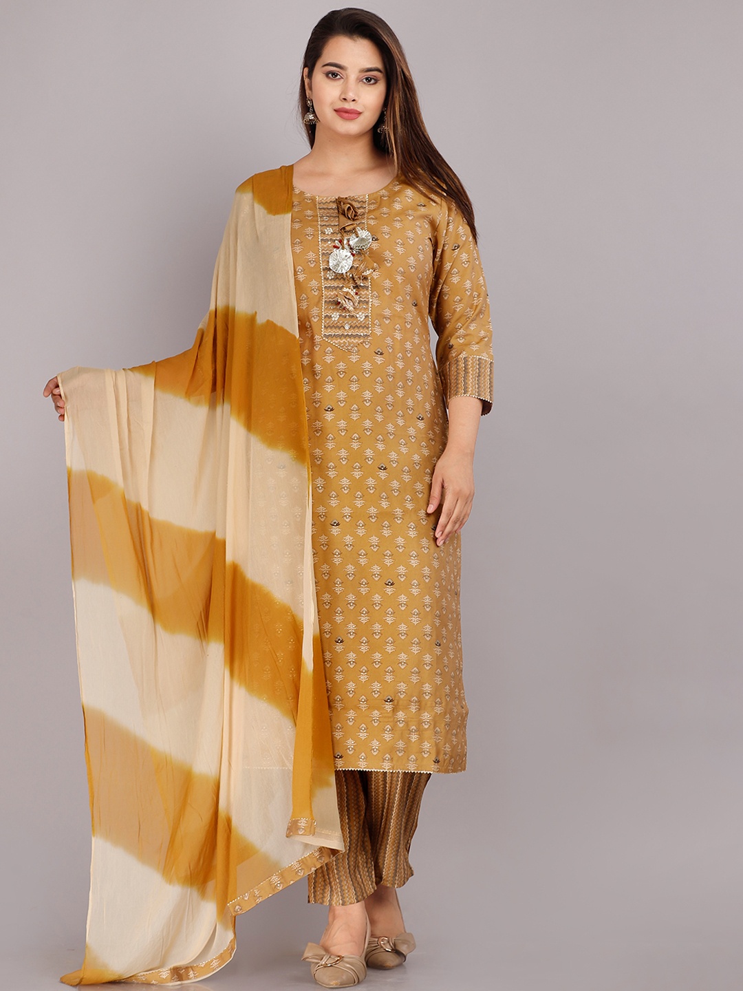 KALINI Women Brown Ethnic Motifs Printed Panelled Pure Cotton Kurta with Trousers & With Dupatta
KALINI Women Brown Ethnic Motifs Printed Panelled Pure Cotton Kurta with Trousers & With Dupatta