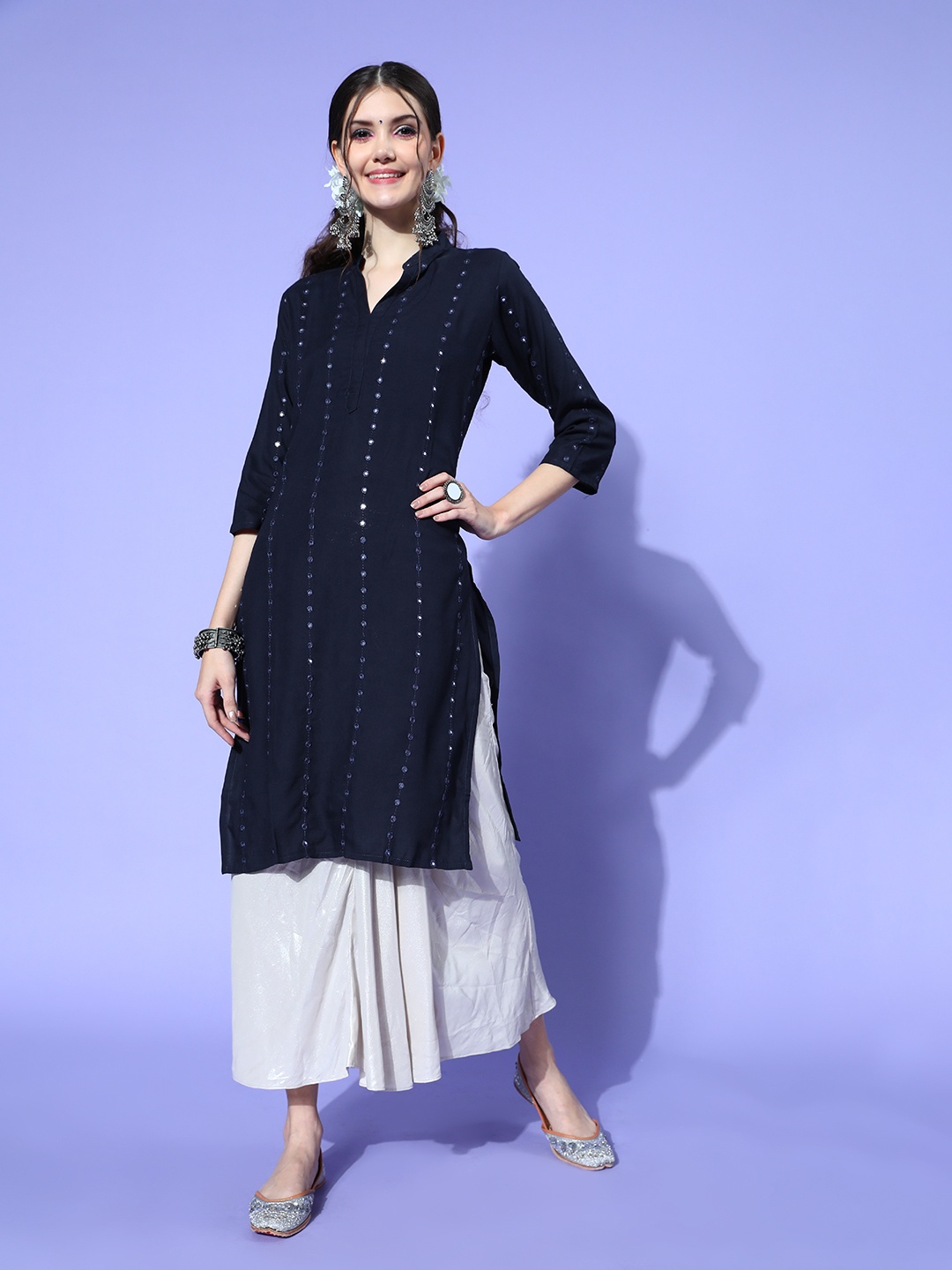 Tikhi Imli Women Navy Blue Viscose Rayon Mirror Work Kurta