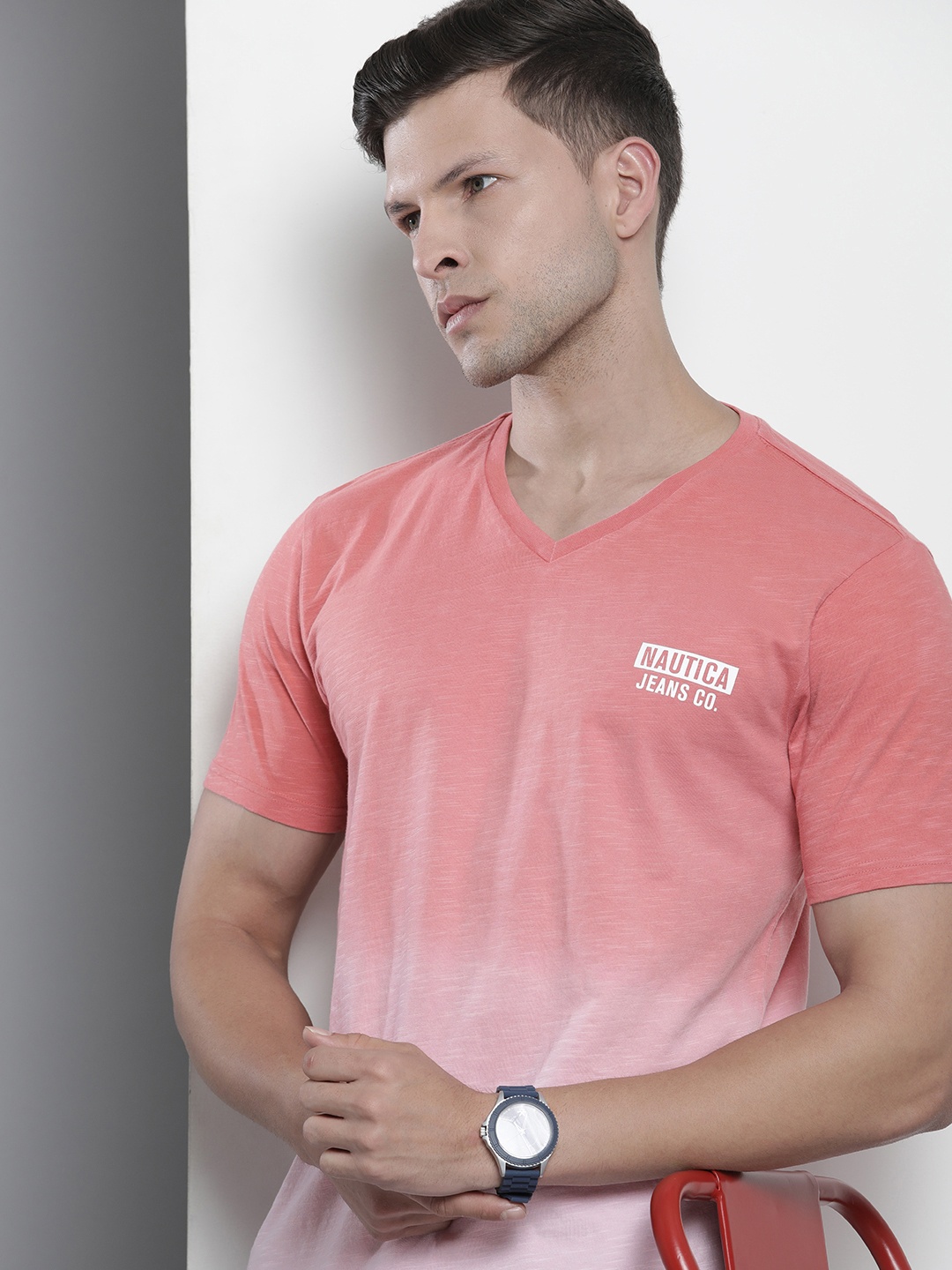 Nautica Men Ombre Tie and Dye V-Neck Pure Cotton T-shirt With Brand Logo Print Detail, Peach
Nautica Men Ombre Tie and Dye V-Neck Pure Cotton T-shirt With Brand Logo Print Detail, Peach