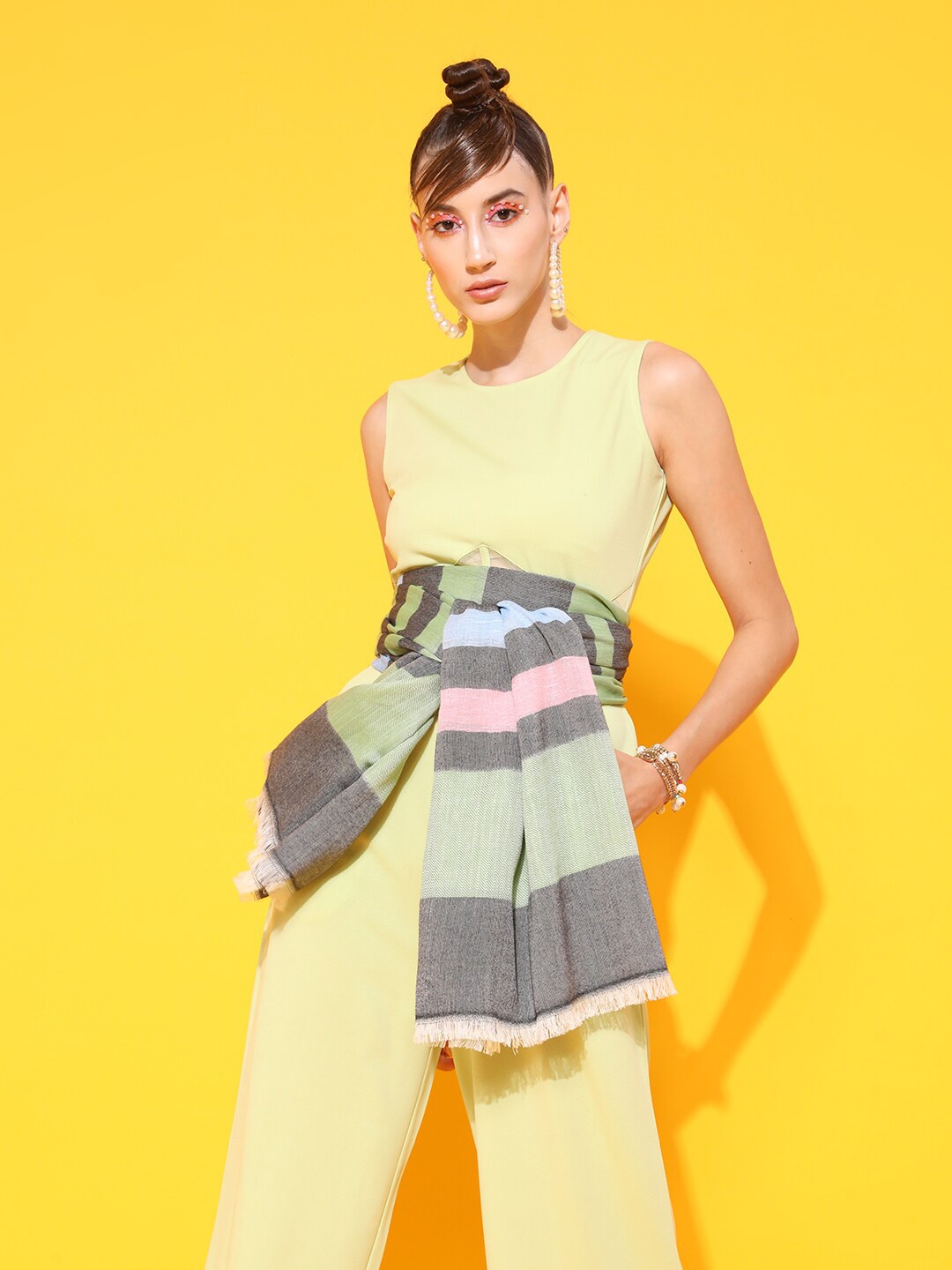 STREET 9 Women Grey & Pink Printed Pure Cotton Striped Stole