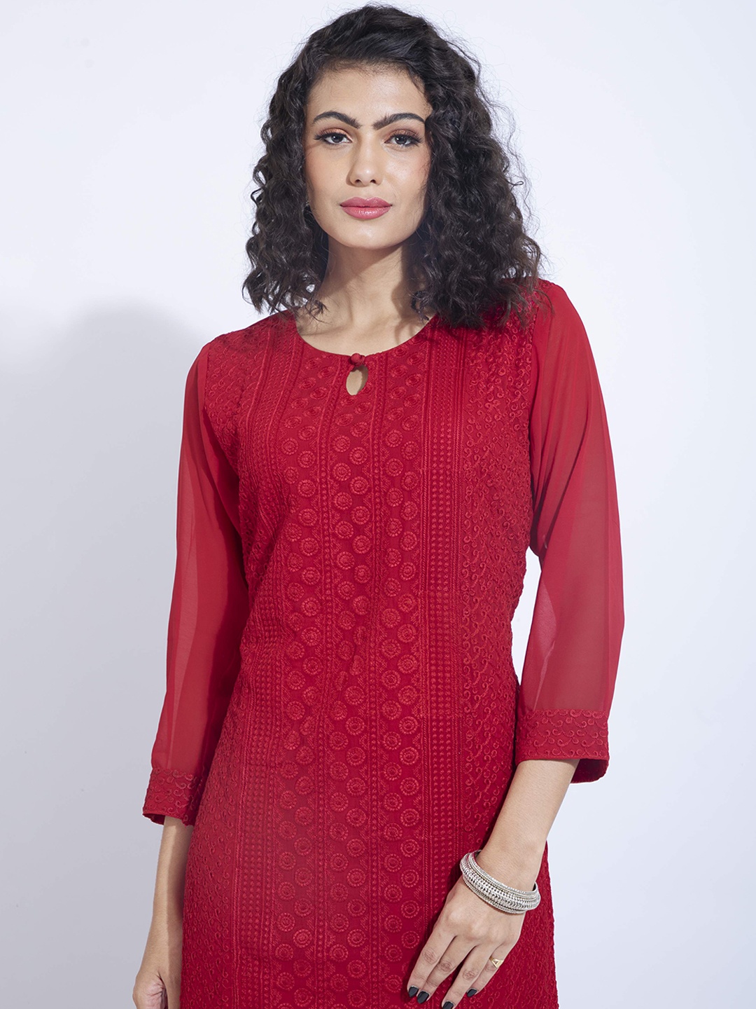 POONAM DESIGNER Women Red Ethnic Motifs Embroidered Keyhole Neck Chikankari Georgette Kurta
POONAM DESIGNER Women Red Ethnic Motifs Embroidered Keyhole Neck Chikankari Georgette Kurta