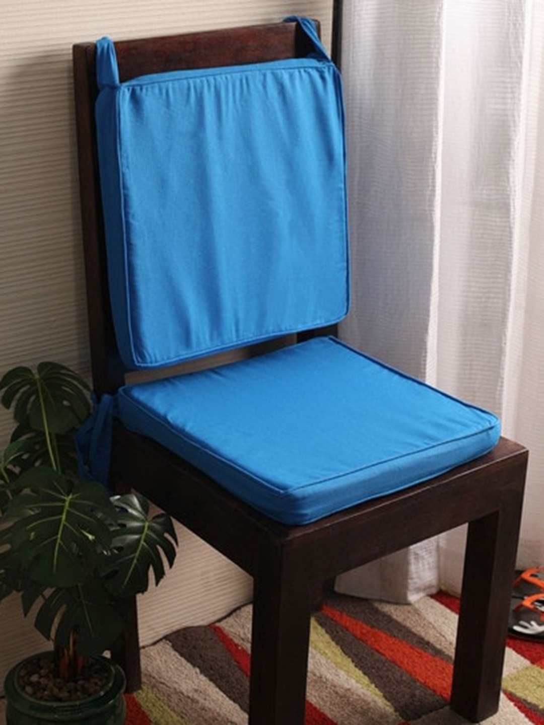 Lushomes Blue Solid Cotton Chair Pads Cushion with Ties