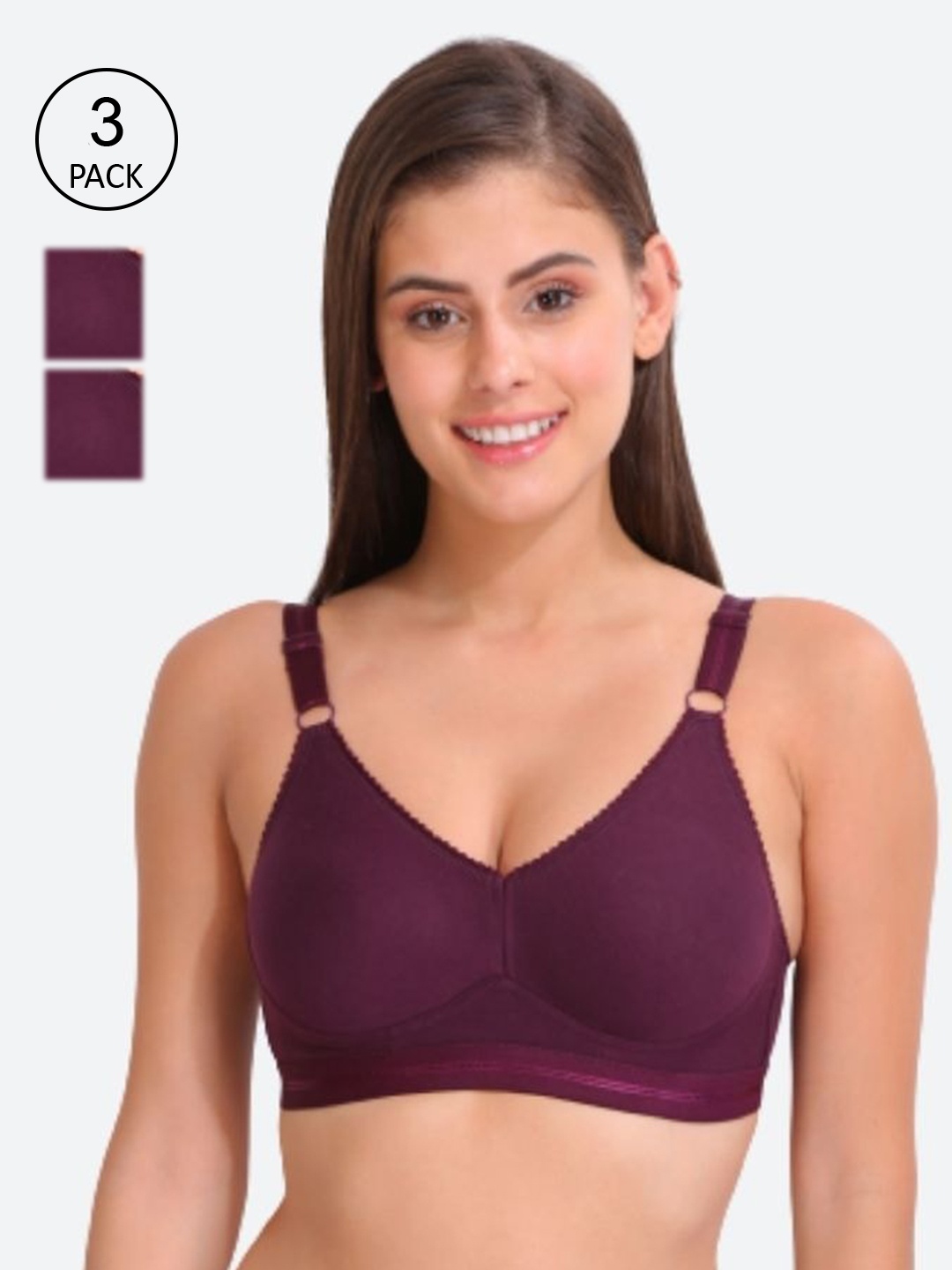 Innocence Pack of 3 Solid Non Wired Full Coverage Non Padded Everyday Bra, Burgundy