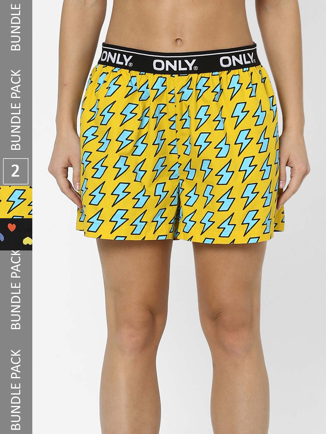 ONLY Women Yellow & Black Set Of 2 Printed Shorts