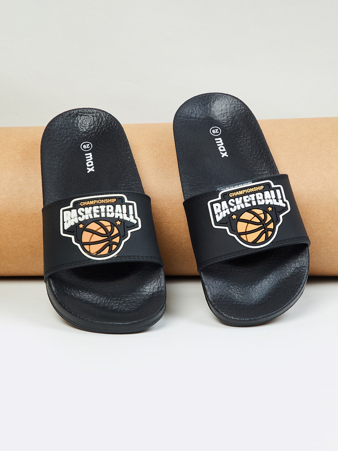 max Boys Black Printed Sliders
