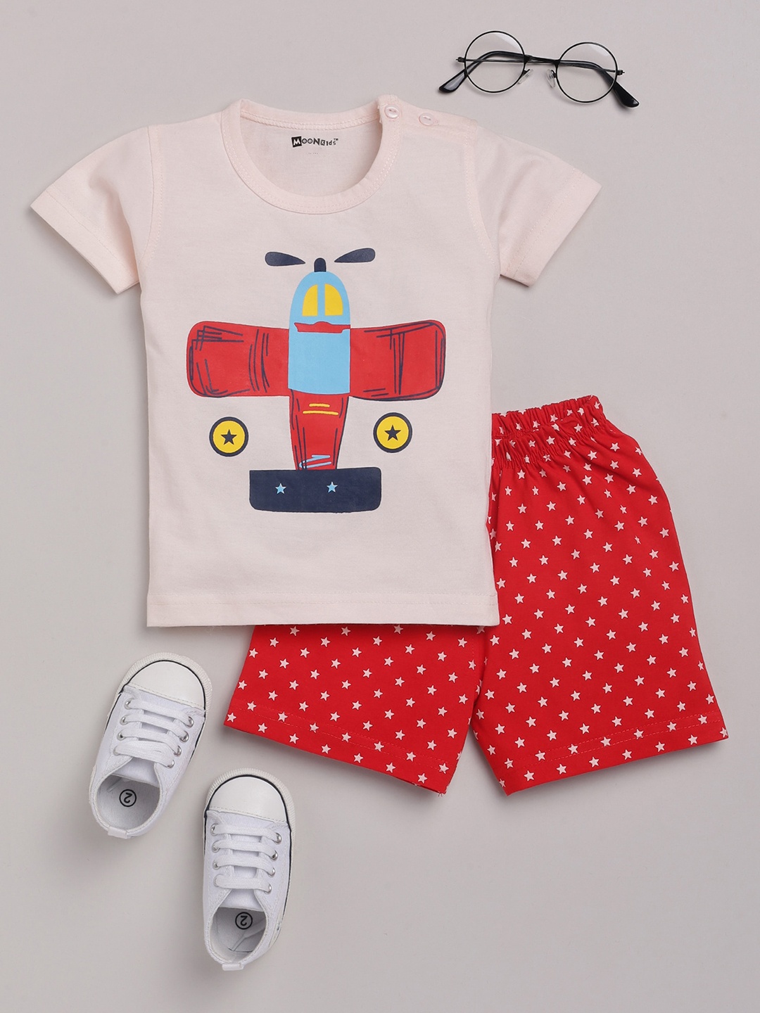 MooNKids Boys Red & Pink Pure Cotton Printed T-shirt with Shorts