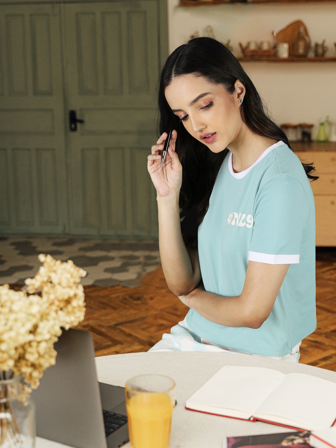 ONLY Women Blue & White Typography Printed T-shirt