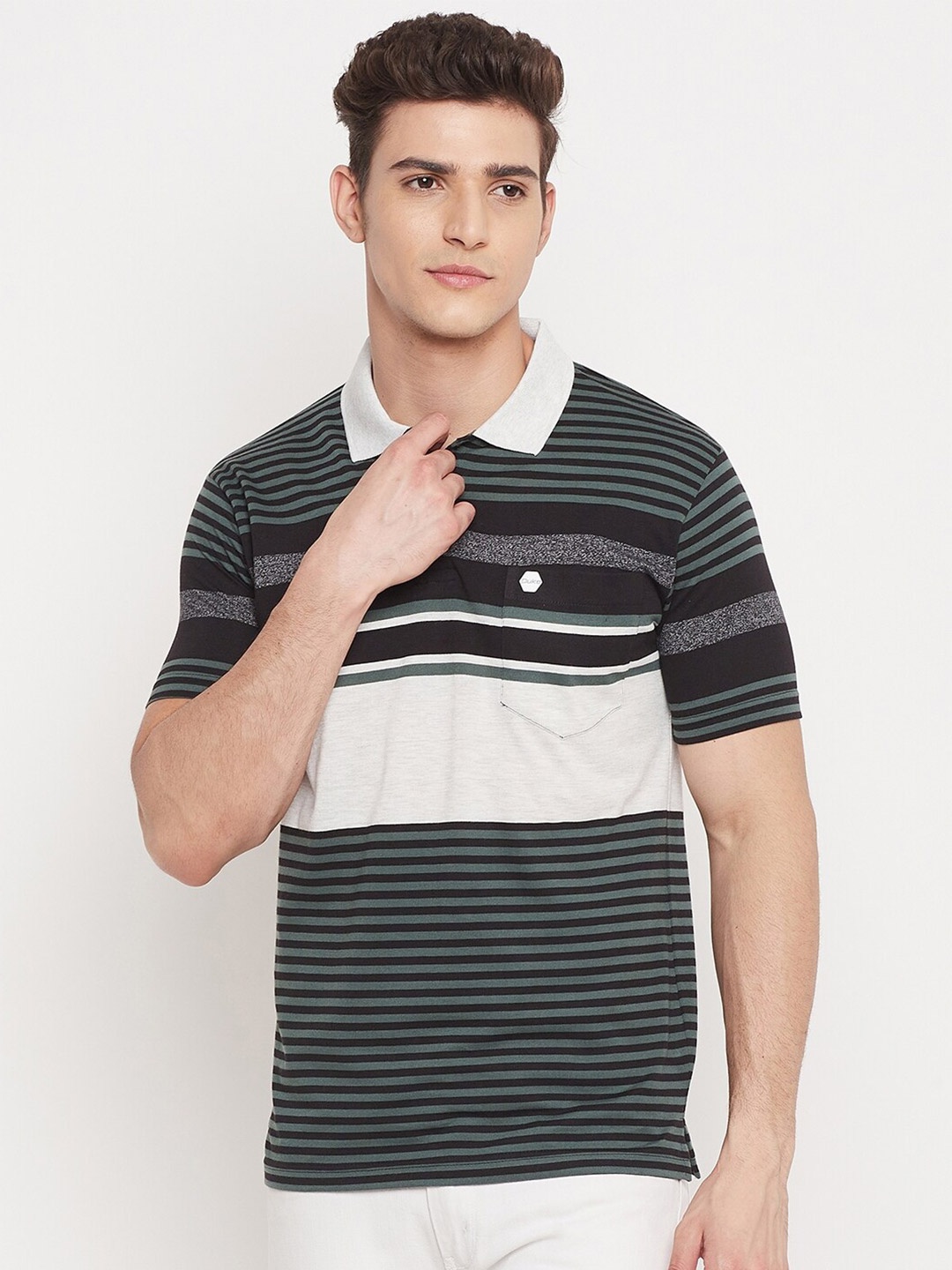 Duke Men Grey Striped Polo Collar T-shirt