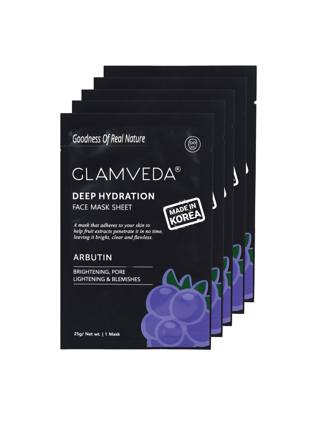 GLAMVEDA Set of 5 Deep Hydration Arbutin Anti-Pigmentation Sheet Masks - 25g each, Black
GLAMVEDA Set of 5 Deep Hydration Arbutin Anti-Pigmentation Sheet Masks - 25g each, Black