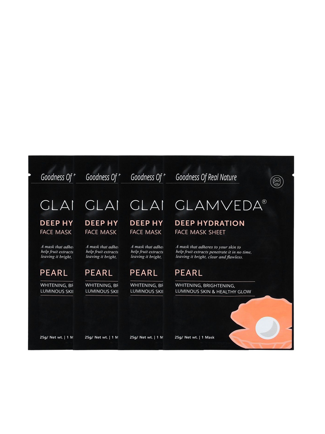 GLAMVEDA Set of 4 Deep Hydration Pearl Whitening & Brightening Sheet Masks - 25g each, Black
GLAMVEDA Set of 4 Deep Hydration Pearl Whitening & Brightening Sheet Masks - 25g each, Black