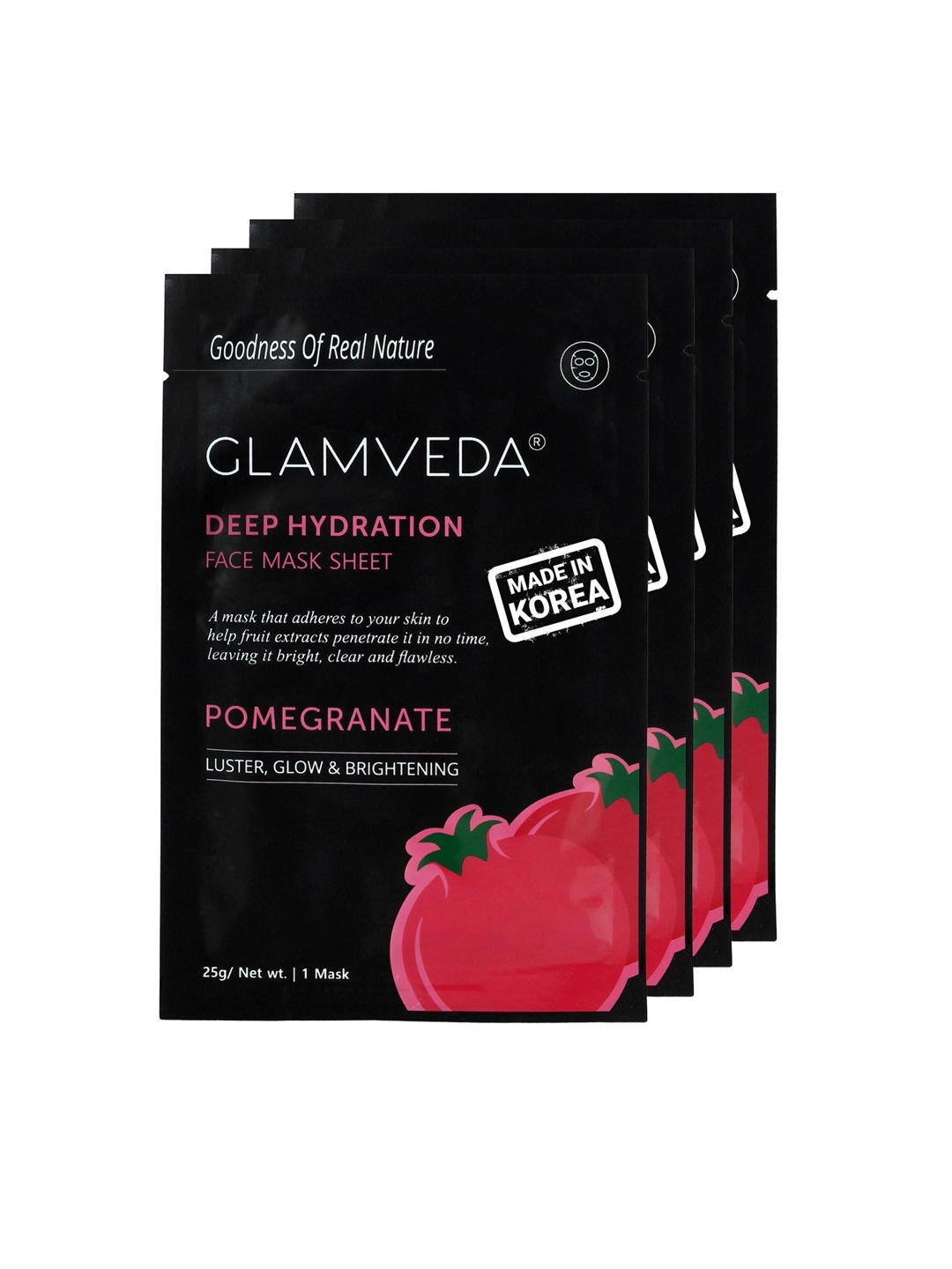 GLAMVEDA Set of 4 Deep Hydration Pomegranate Glow & Brightening Sheet Masks - 25g each, Black
GLAMVEDA Set of 4 Deep Hydration Pomegranate Glow & Brightening Sheet Masks - 25g each, Black
