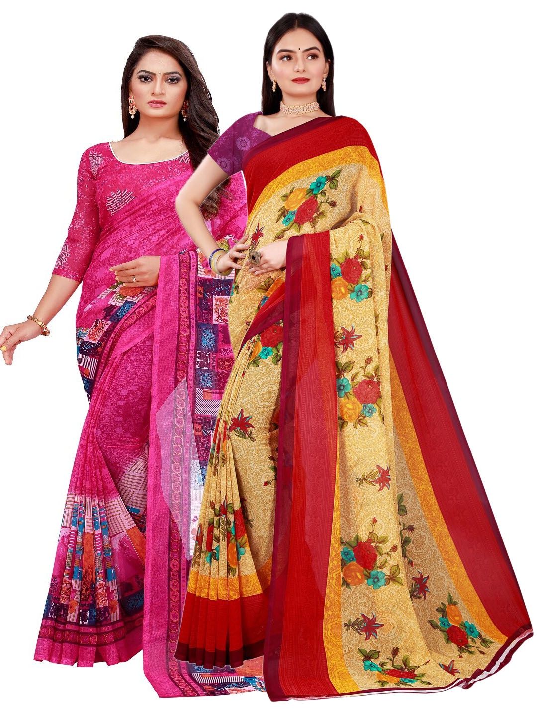 SAADHVI Pack of 2 Magenta & Beige Printed Pure Georgette Saree With Unstitched Blouse
SAADHVI Pack of 2 Magenta & Beige Printed Pure Georgette Saree With Unstitched Blouse