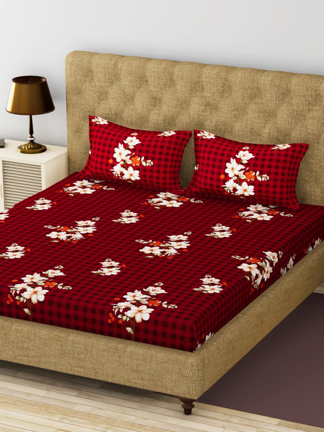 BIANCA Red Floral 200 TC King Bedsheet with 2 Pillow Covers