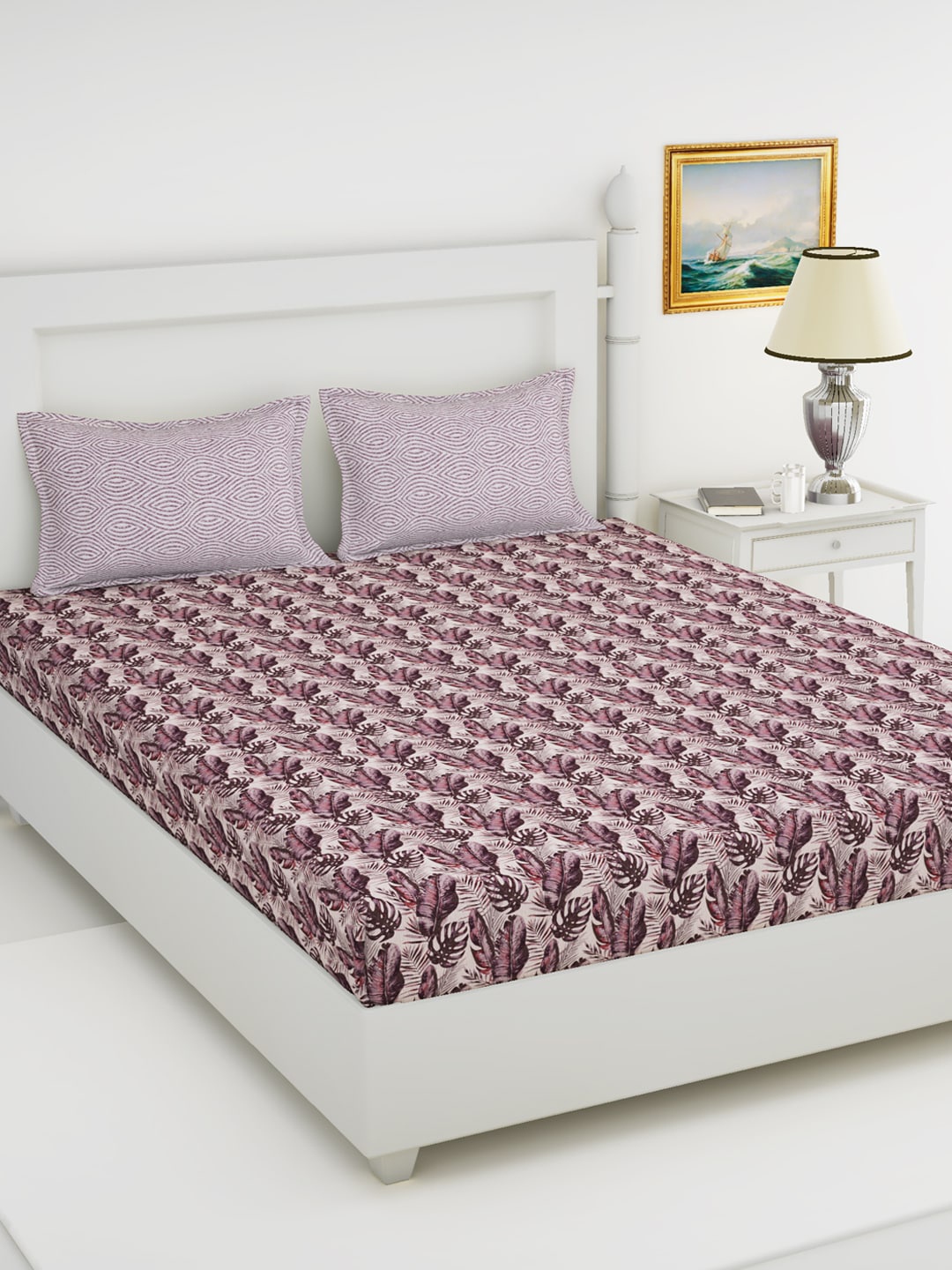 BIANCA Maroon & White Floral 144 TC King Bedsheet with 2 Pillow Covers