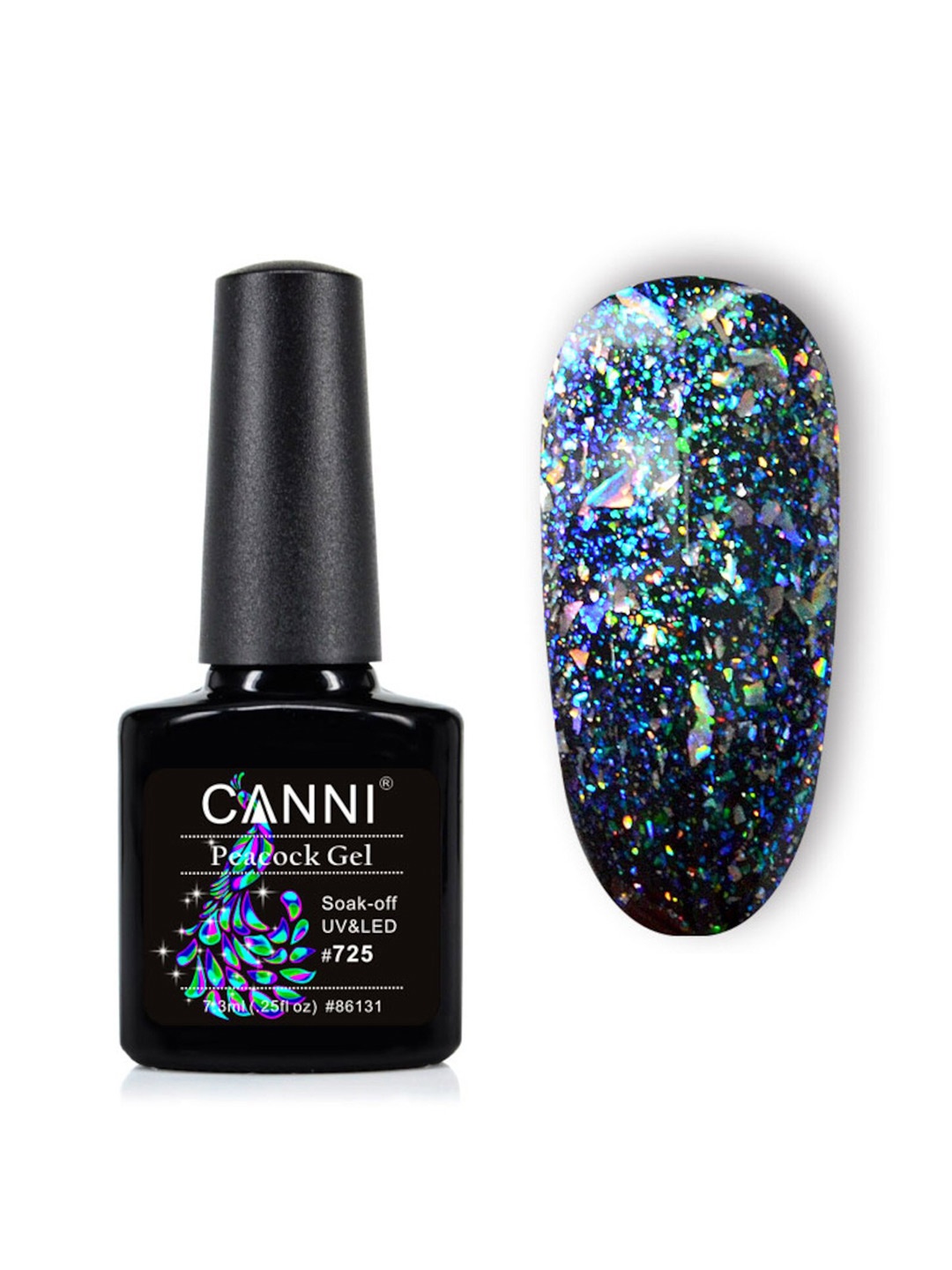 CANNI Peacock Super-Shinning Glitter UV-LED Soak-Off Gel Nail Polish - Shade 725, Blue
CANNI Peacock Super-Shinning Glitter UV-LED Soak-Off Gel Nail Polish - Shade 725, Blue