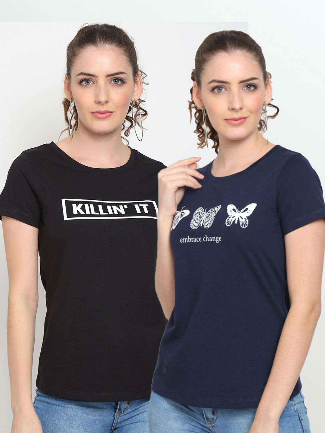 UnaOne Women Pack Of 2 Black & Navy Blue Cotton Typography Printed Plus Size T-shirt
UnaOne Women Pack Of 2 Black & Navy Blue Cotton Typography Printed Plus Size T-shirt