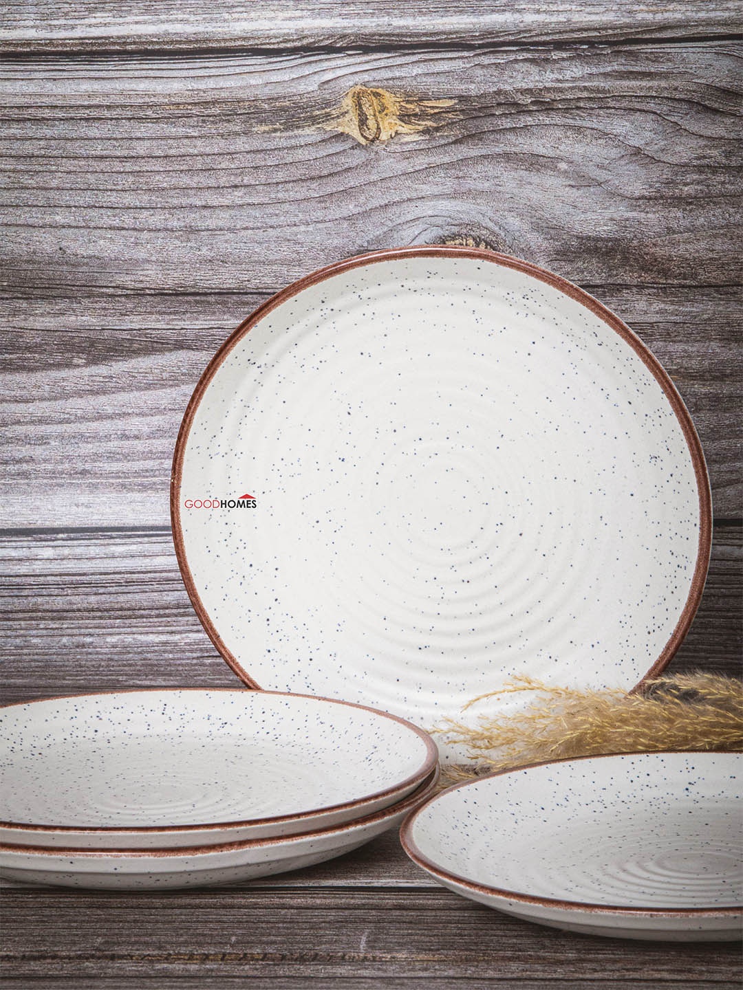 GOODHOMES Set Of 4 White Printed Dishwasher & Microwave safe Stoneware Matte Plates