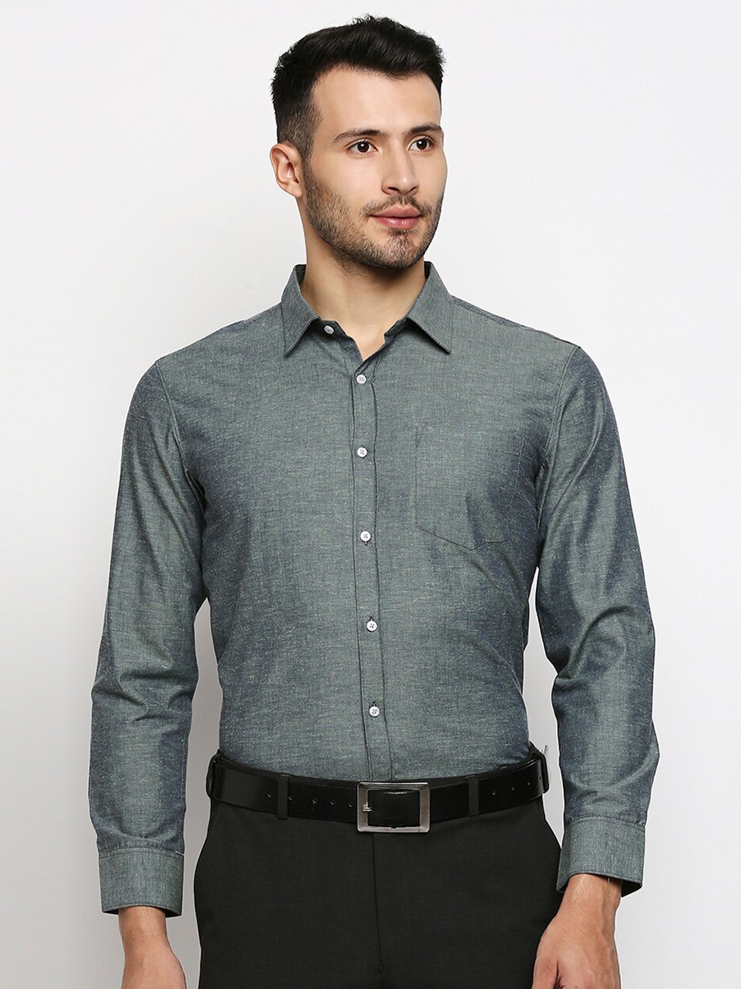 MOD ECRU Men Grey Straight Slim Fit Pure Cotton Formal Shirt